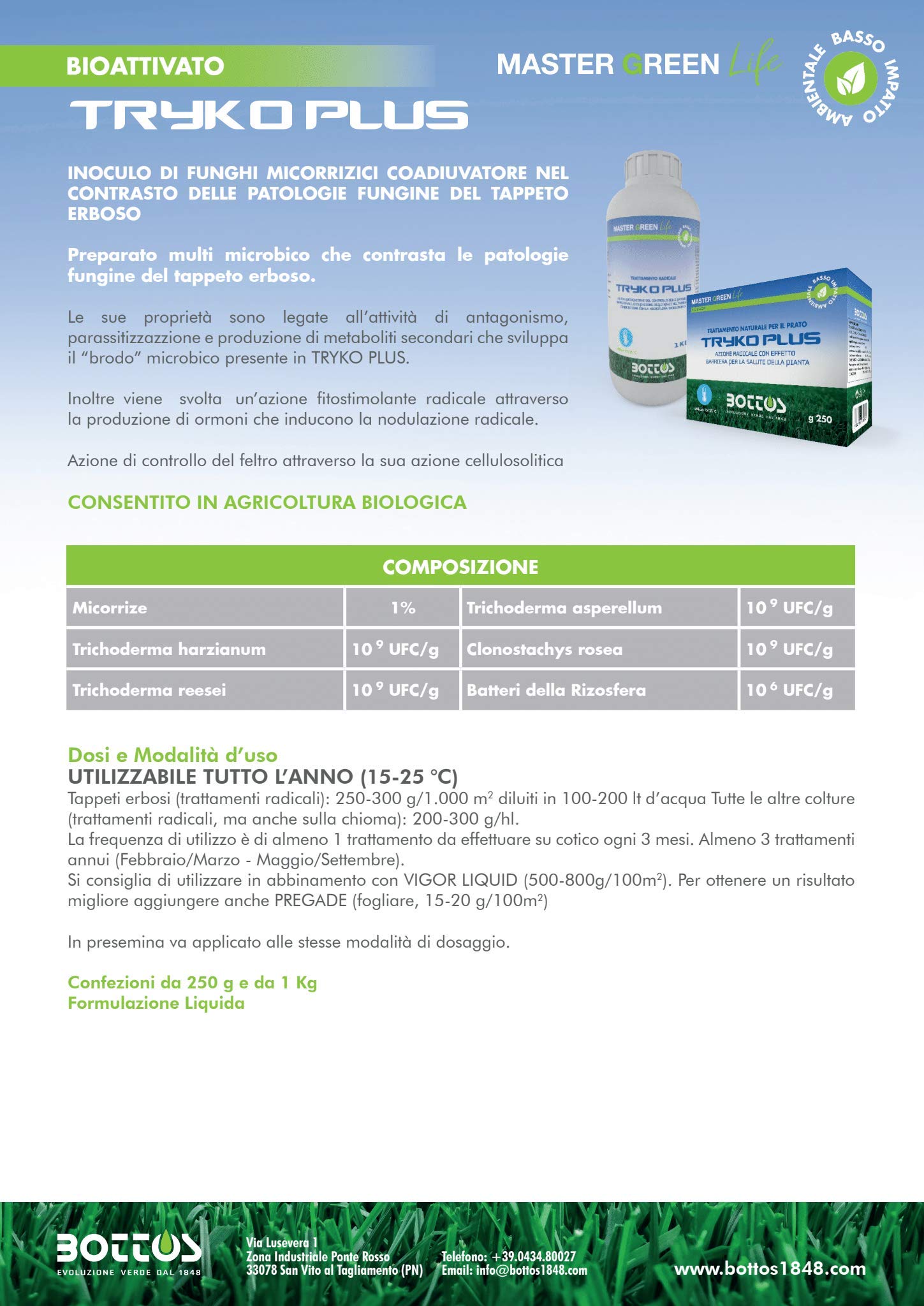Bottos Tryco Plus 250 Gr Fungicida Fertilizzante Naturale per Prato Tappeto Erboso Giardino