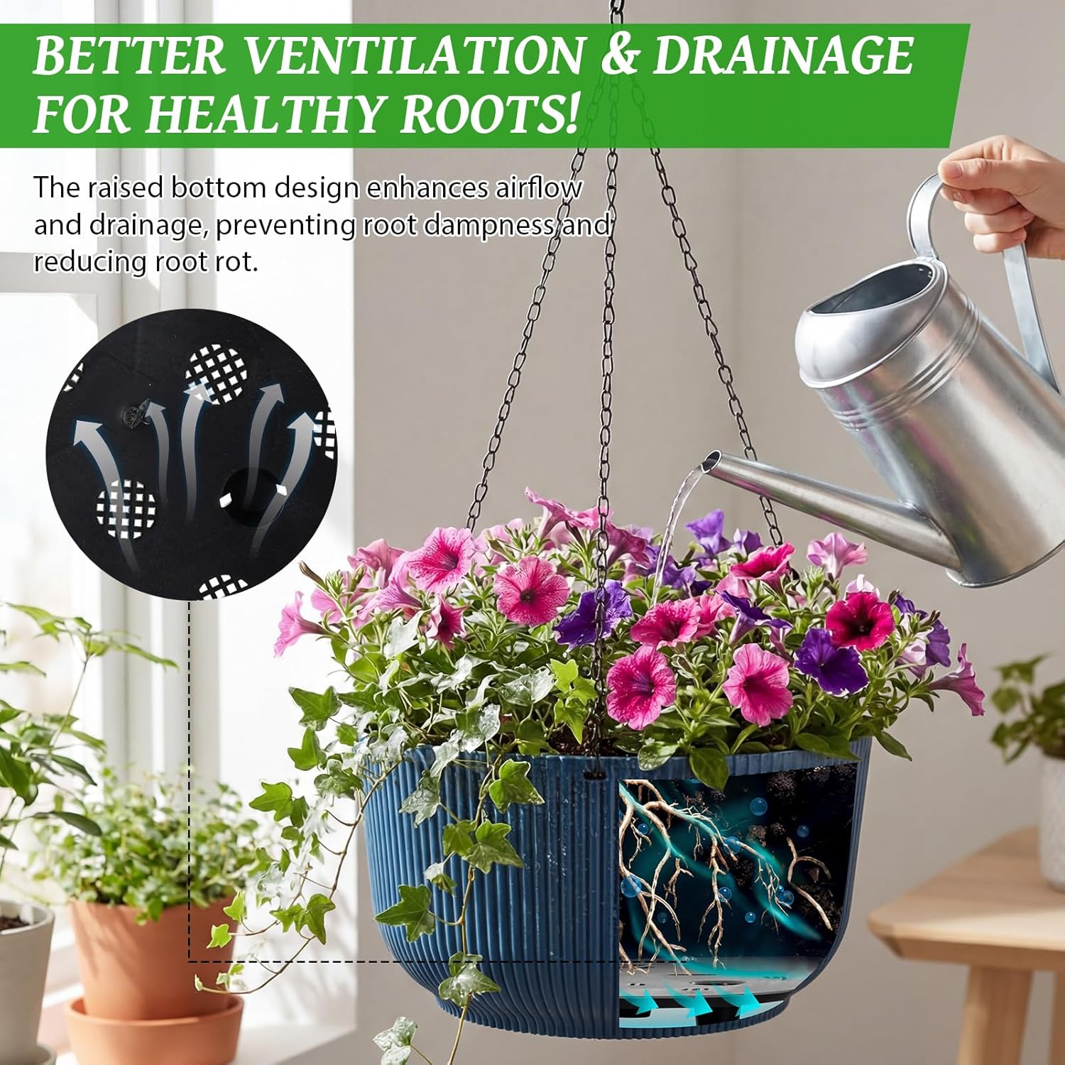 5 Pack Blue Hanging Planters for Indoor Outdoor Plants, 11 Inch Large Self Watering Hanging Pots with Drainage Hole & Chain & Plug Heavy Planters Flower Baskets for Garden Home Balcony Patio