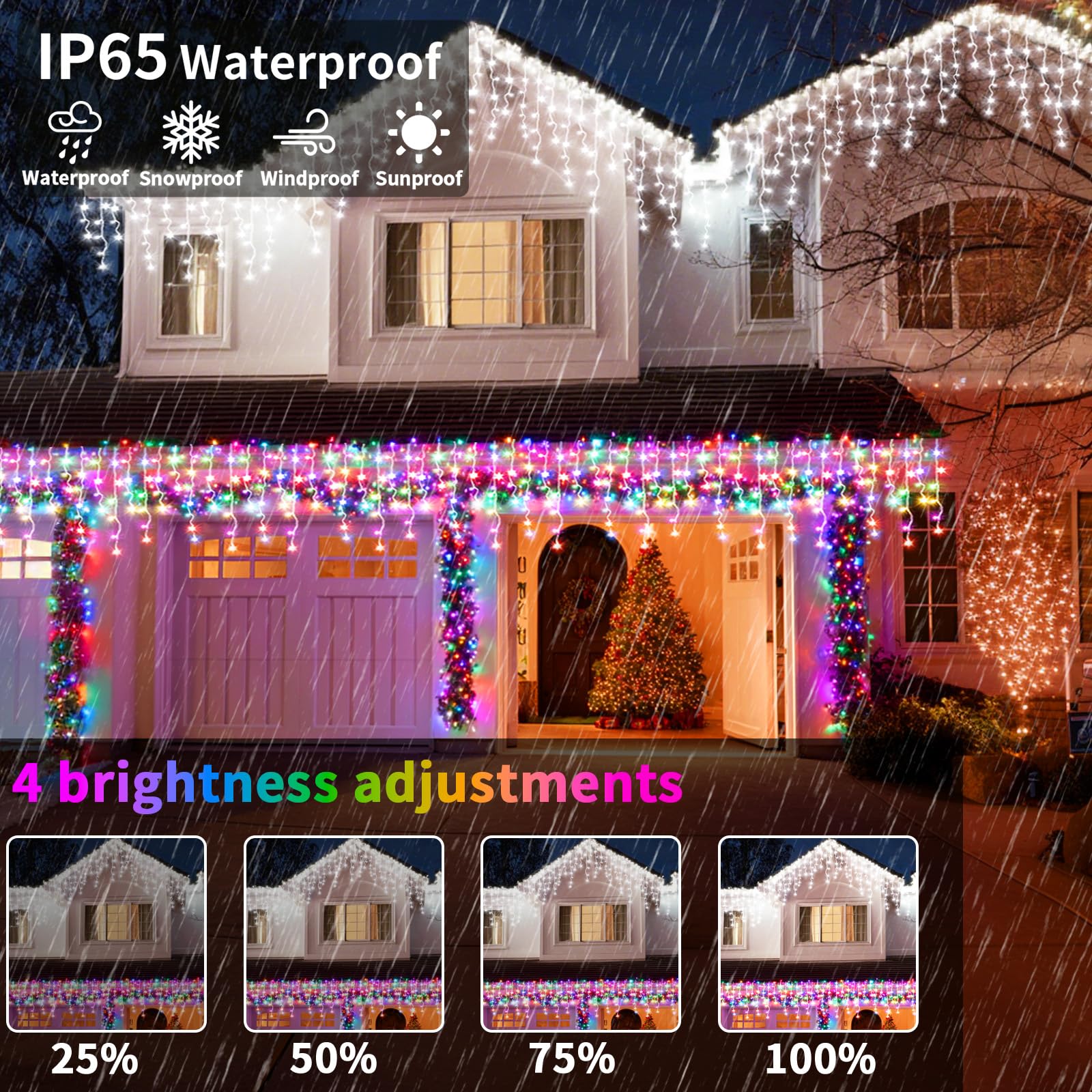 2500mAh Solar Eisregen Lichterkette Außen, 25+5M 800LED 3 In 1 Wasserdicht LED Eisregen Lichterkette, Mit 8 Modi & Timer und Speicher Weihnachtsbeleuchtung Außen Weiß+Bunt