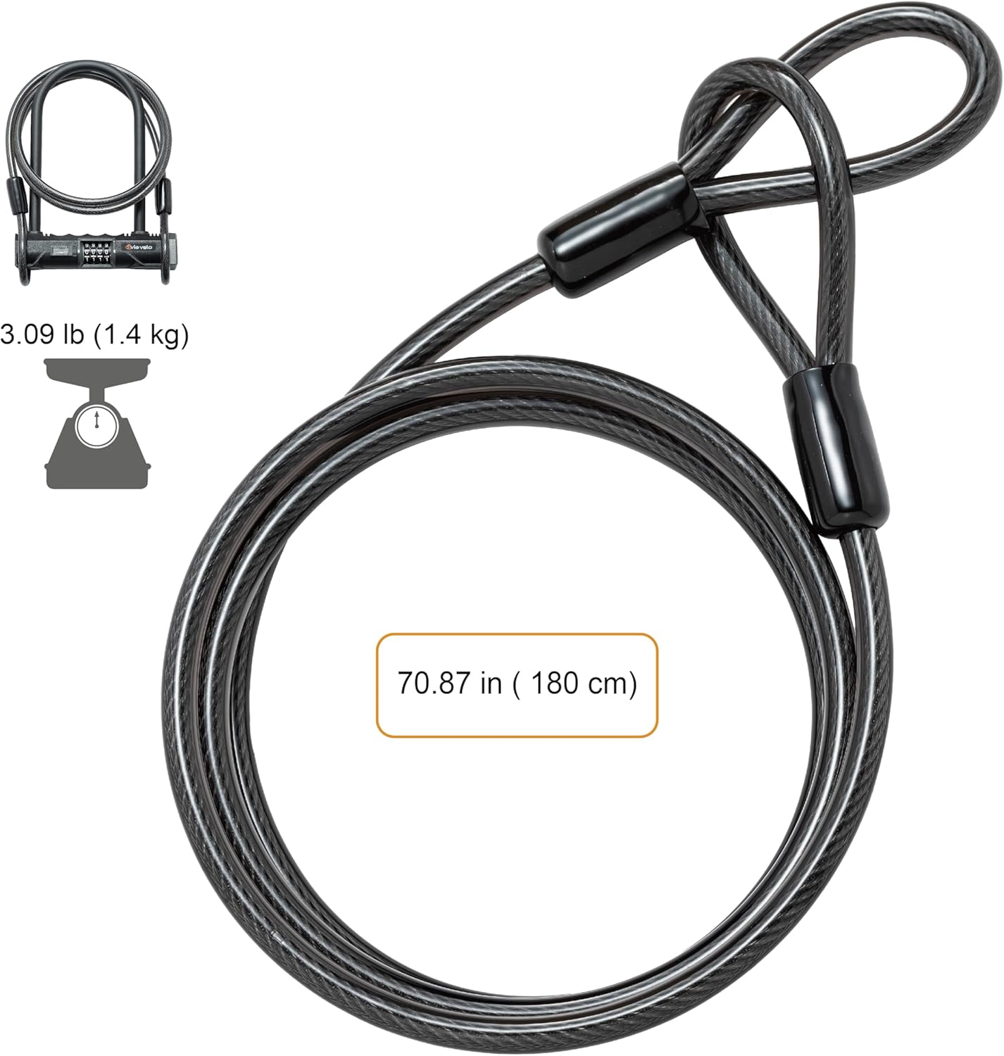 Via Velo Heavy Duty U-Lock with 4-Digit Resettable Combination & 5ft Steel Cable, Anti-Theft Bike Lock for Bicycles, Scooters, and Electric Bikes