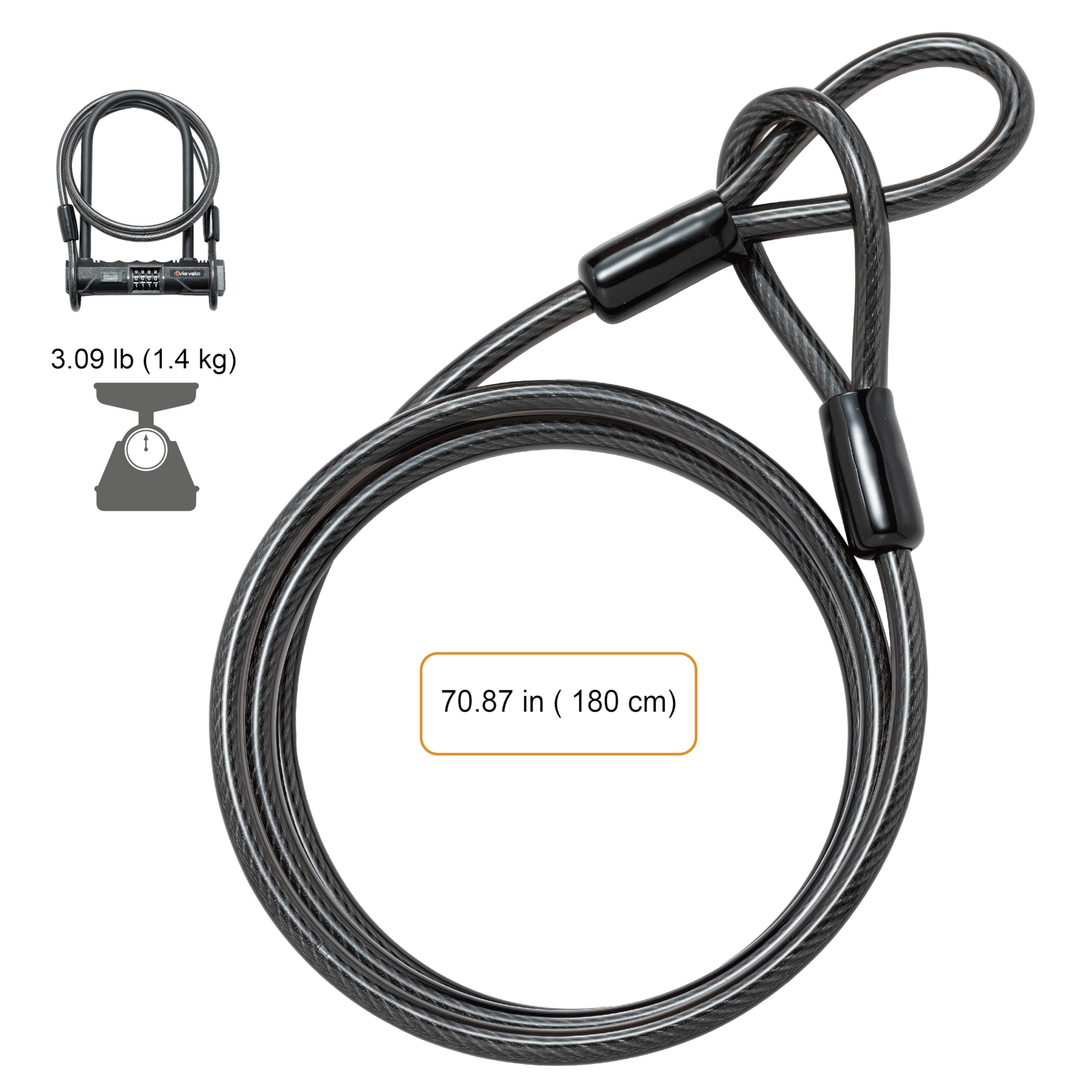 Via Velo Candado en U resistente con combinación reajustable de 4 dígitos y cable de acero de 5 pies, antirrobo para bicicletas, scooters y bicicletas eléctricas