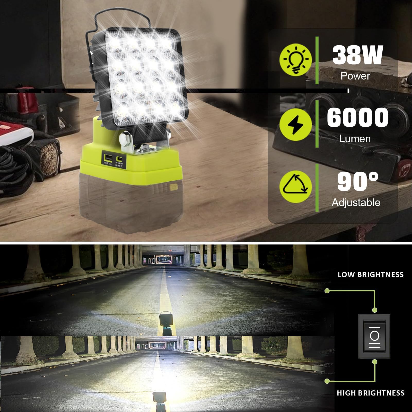 LED-Arbeitsleuchte, 6000 Lm, 38 W, Tragbare Arbeitsleuchte, Einstellbare Helligkeit, Wiederaufladbare mit USB-A-, USB-C-Anschlüssen für Werkstatt, Garage