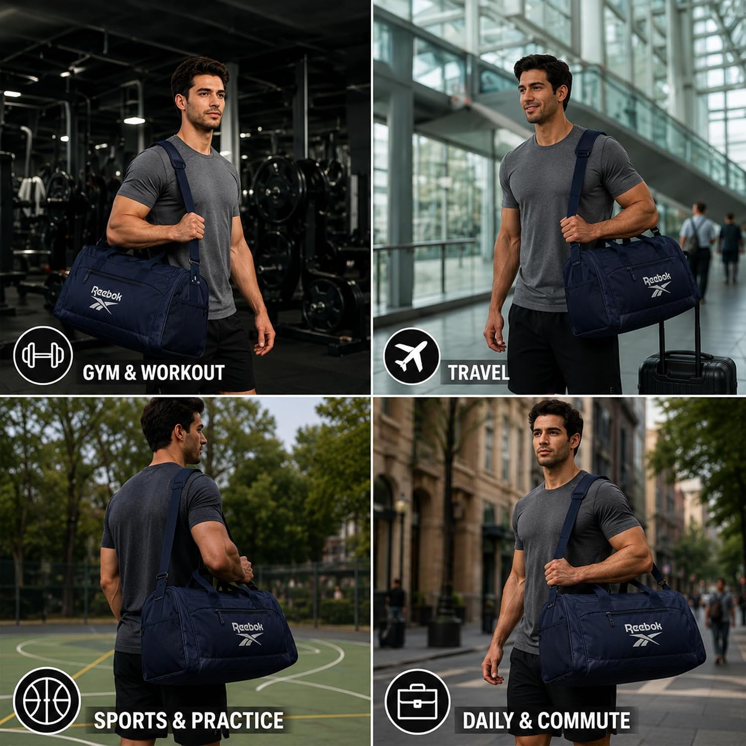 Reebok Duffle Bag - Lightweight Unisex Carry On Gym Bag - Travel and Sports Duffel Bags for Men and Women, Size One Size, Cade - Navy Silver