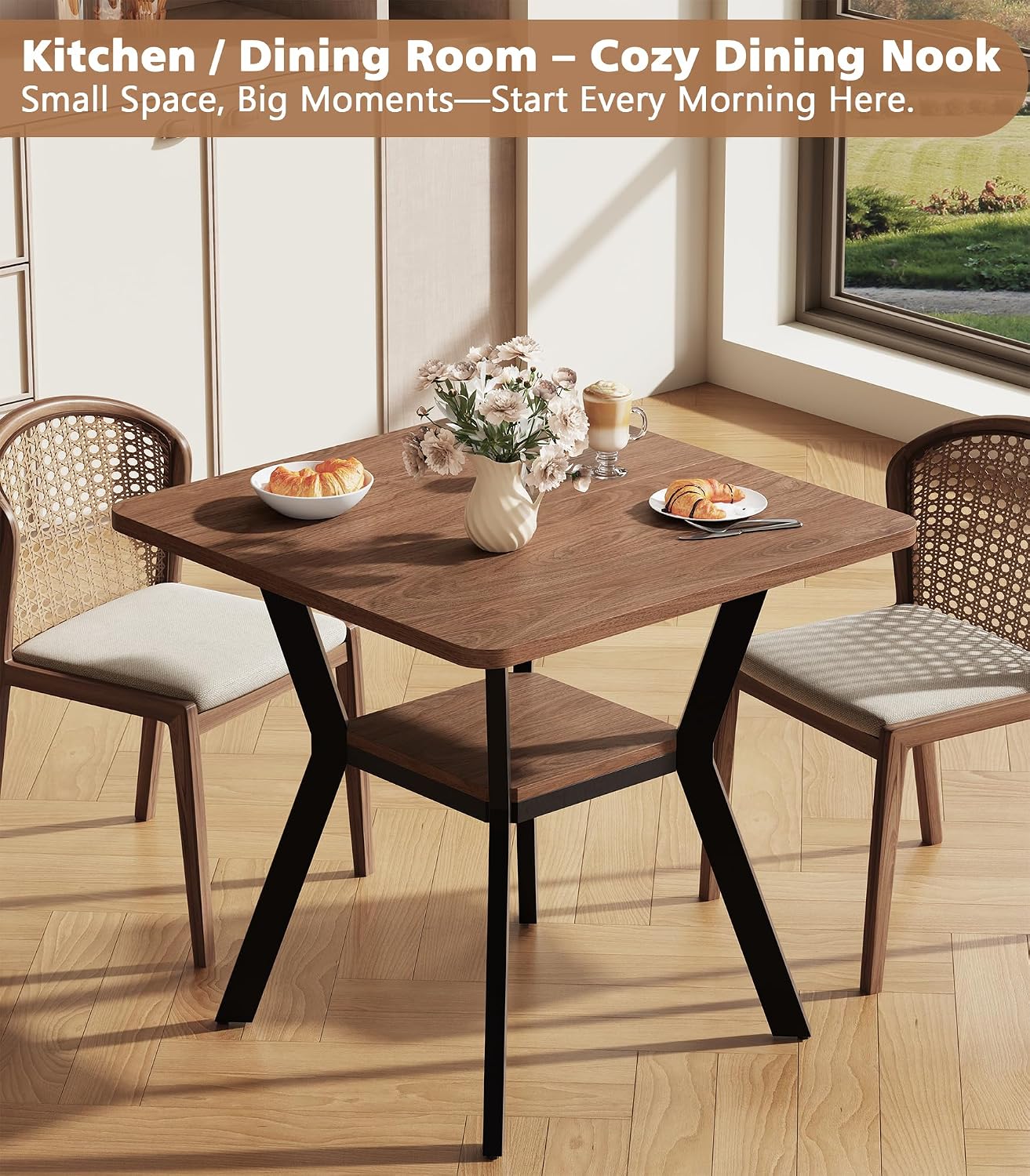 MECHYIN 31.5" Square Dining Table for 2-4, Storage Shelf, Walnut