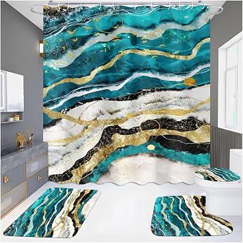 4 Pcs Shower Curtain Set with Non-Slip Rug Toilet Lid Cover and Bath Mat, Aesthetic Abstract Colorful Shower Curtain with 12 Hooks, Waterproof and Washable Decor Accessories39,W120xL180cm