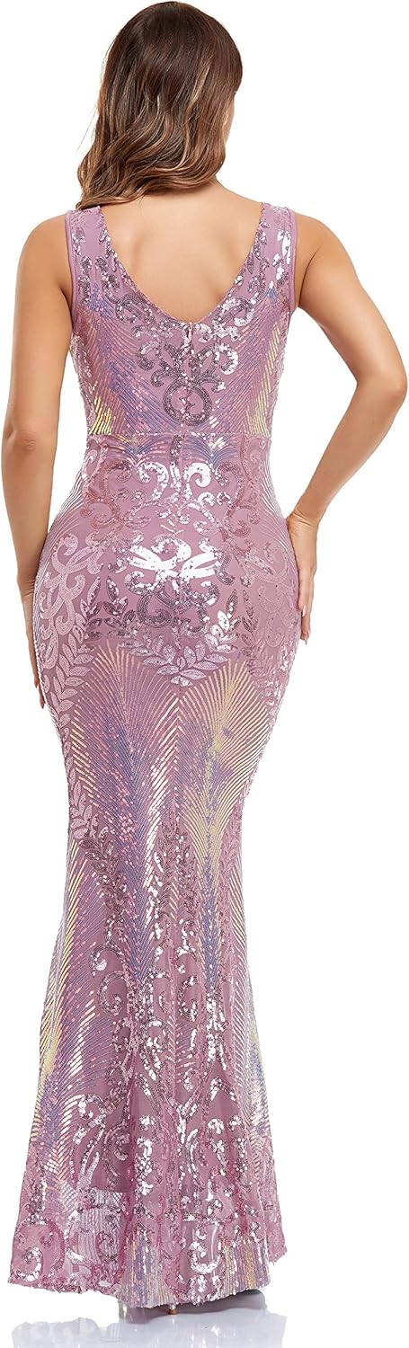 VK Selec Women's V Neck Evening Dress Party Elegant Tight-Fitting Long Dress Sequins Formal Prom Dress