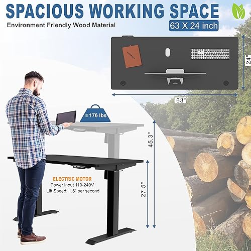 Vista 3 de Vongrasig Escritorio eléctrico de pie ajustable en altura, 63 x 24 pulgadas, mesa de pie para oficina en casa, estación de trabajo para computadora