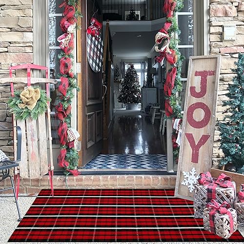Miniatura 2 de Alfombra de Navidad a cuadros para exteriores, 2 x 4 pies 3 pulgadas, rojo y negro, alfombra de área para interiores y exteriores, alfombra de capas