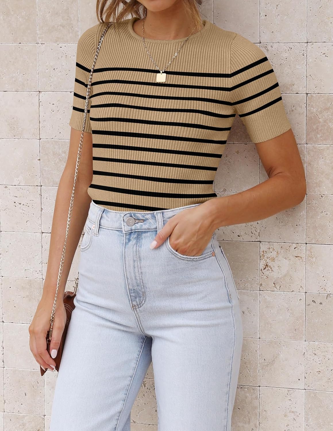 ZESICA Women's Short Sleeve Crewneck Striped T Shirt 2026 Summer Ribbed Knit Slim Fit Casual Basic Tee Tops - Image 6