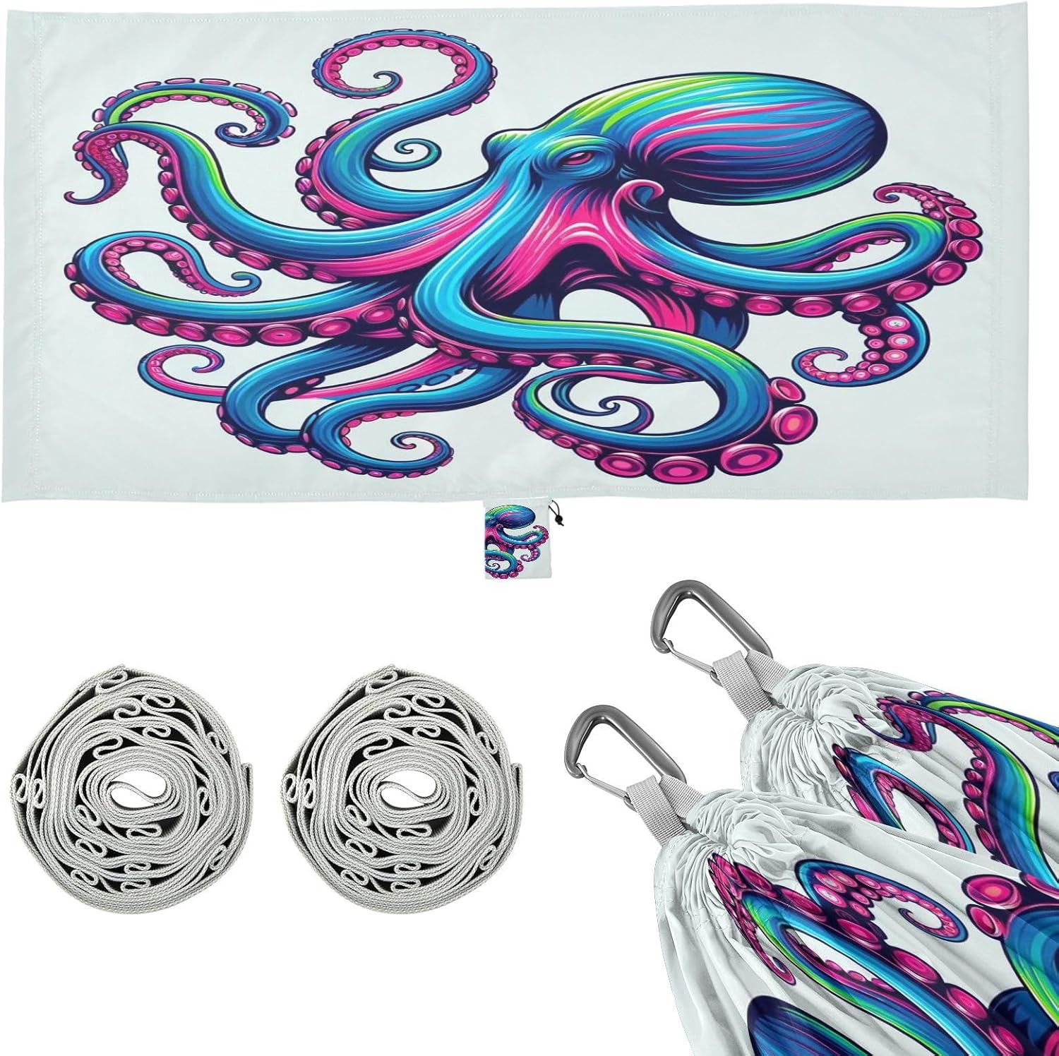 ALAZA Rainbow Octopus Camping Hammocks Single or 2 Person 500 lbs Portable Parachute Travel Hammock w/Tree Straps for Hiking Backpacking Indoor Outdoor