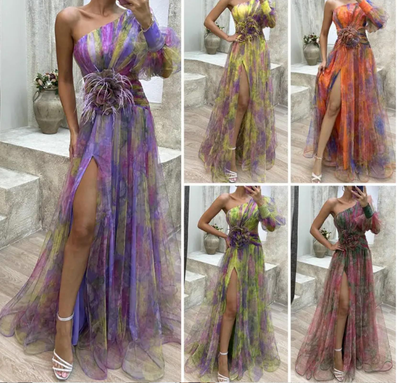 Vestidos Vestir Niña De Noche para Mujer Vestido De Baile con Dobladillo Dividido Y Malla Rosa con Estampado De Flores Tie-Dye En Capas Y Un Hombro