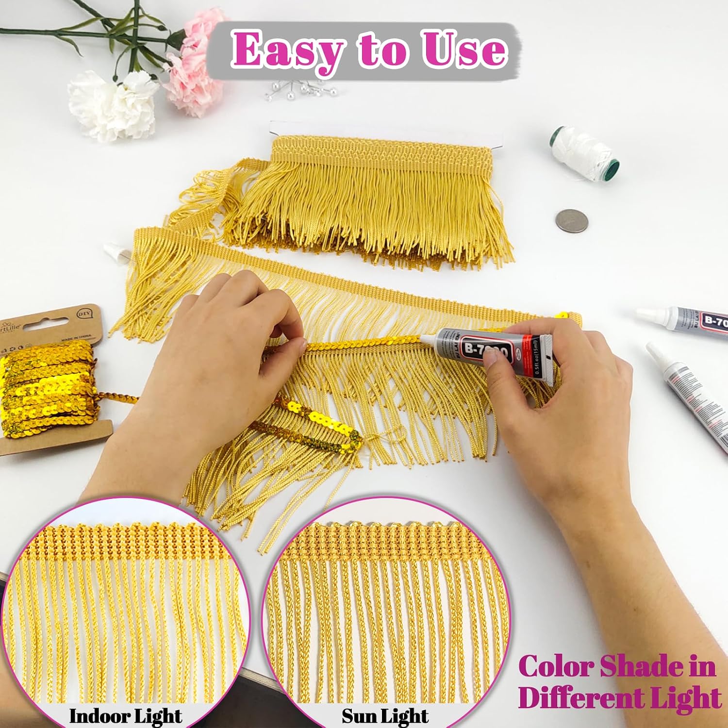 Gold Fringe, 5 Yards X 4 Inch Fringe Trim with B7000 Glue, Tassels Trim for Crafts, Polyester Fibre Sewing Fringe Trim(Gold)