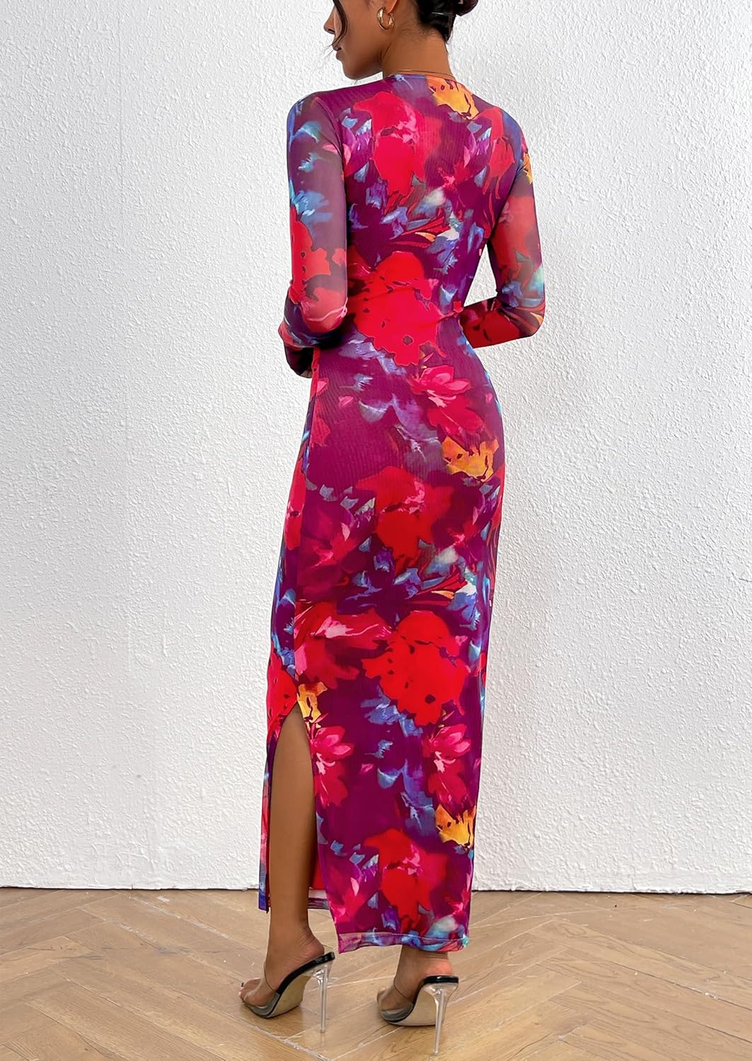 PRETTYGARDEN Women's Bodycon Maxi Dress Fall Spring Fashion Long Sleeve Floral Print Tight Fitted Party Club Ruched Dresses - Image 2