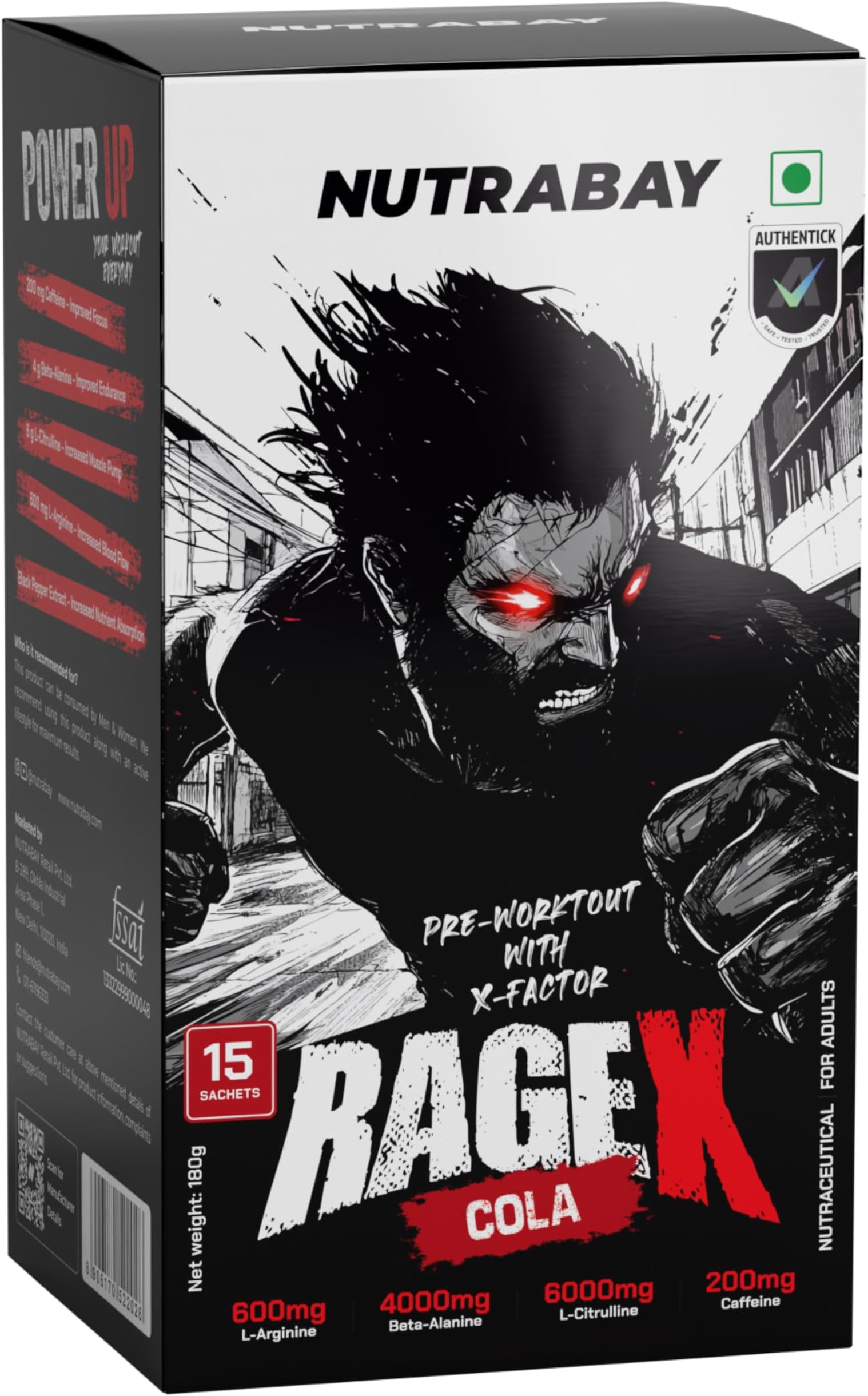 Nutrabay RageX Pre Workout Supplement Powder - 180g (15 Sachets), Cola | 200mg Caffeine, 4g Beta-Alanine, 6g L-Citrulline, 600mg L-Arginine, & Black Pepper | Muscle Pump & Performance