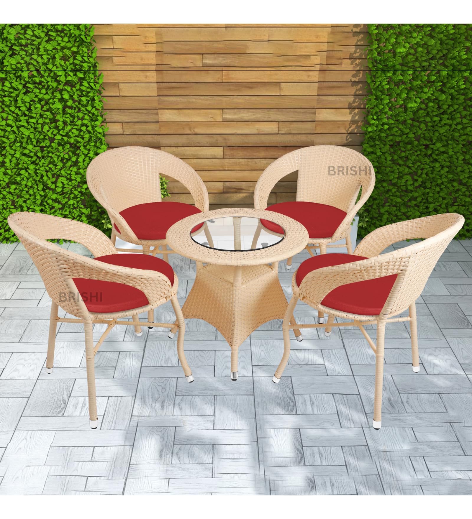 BRISHI Garden Patio Seating Chair and Table Set Outdoor Balcony Garden Coffee Table Set Furniture with 1 Table and 4 Chairs with Red Cushion Set (Cream)-image-29