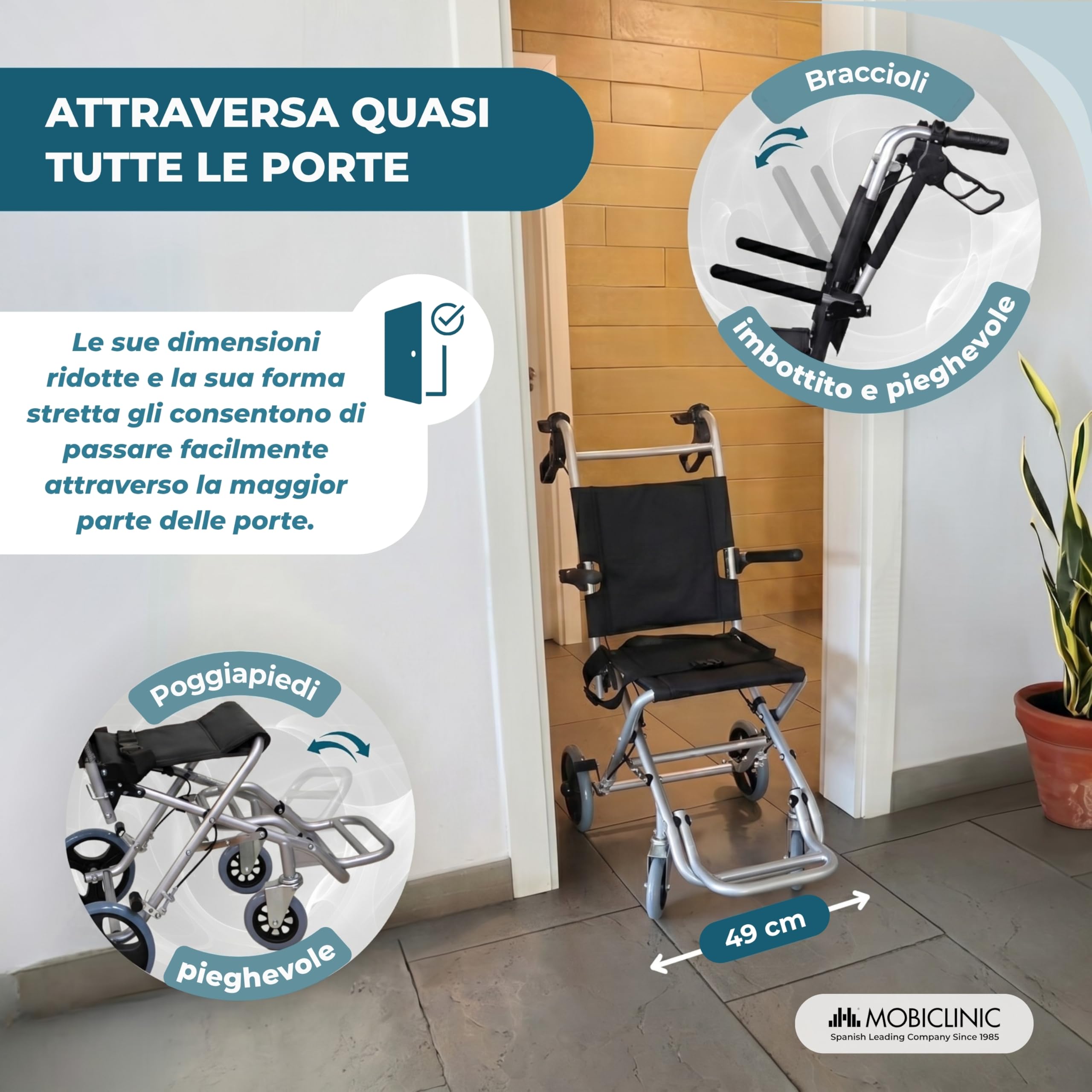 Mobiclinic, Sedia a rotelle da transito, Neptuno, Alluminio, Pieghevole, Freno sulle maniglie, Marchio europeo, Poggiapiedi pieghevoli, Braccioli, Leggero, Cintura di sicurezza, Ergonomia