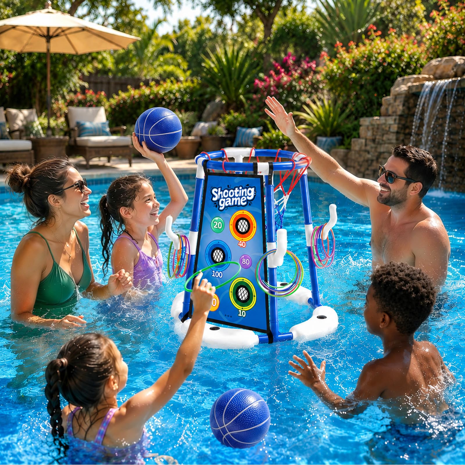 Sternstunde Pool Basketballkorb Kinder mit 4 Basketballs, 12 Wurfringen, 12 Klebebällen und 2 Veloursstoffen, Wasserspielzeug Kinder Outdoor & Pool Spielzeug