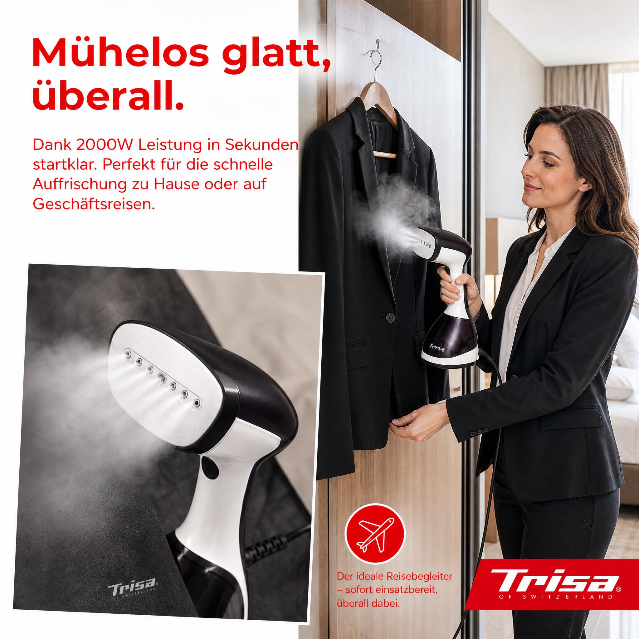 Trisa Silky Steam Dampfbürste 2000W, Edelstahlsohle, 300ml Tank, Schwarz