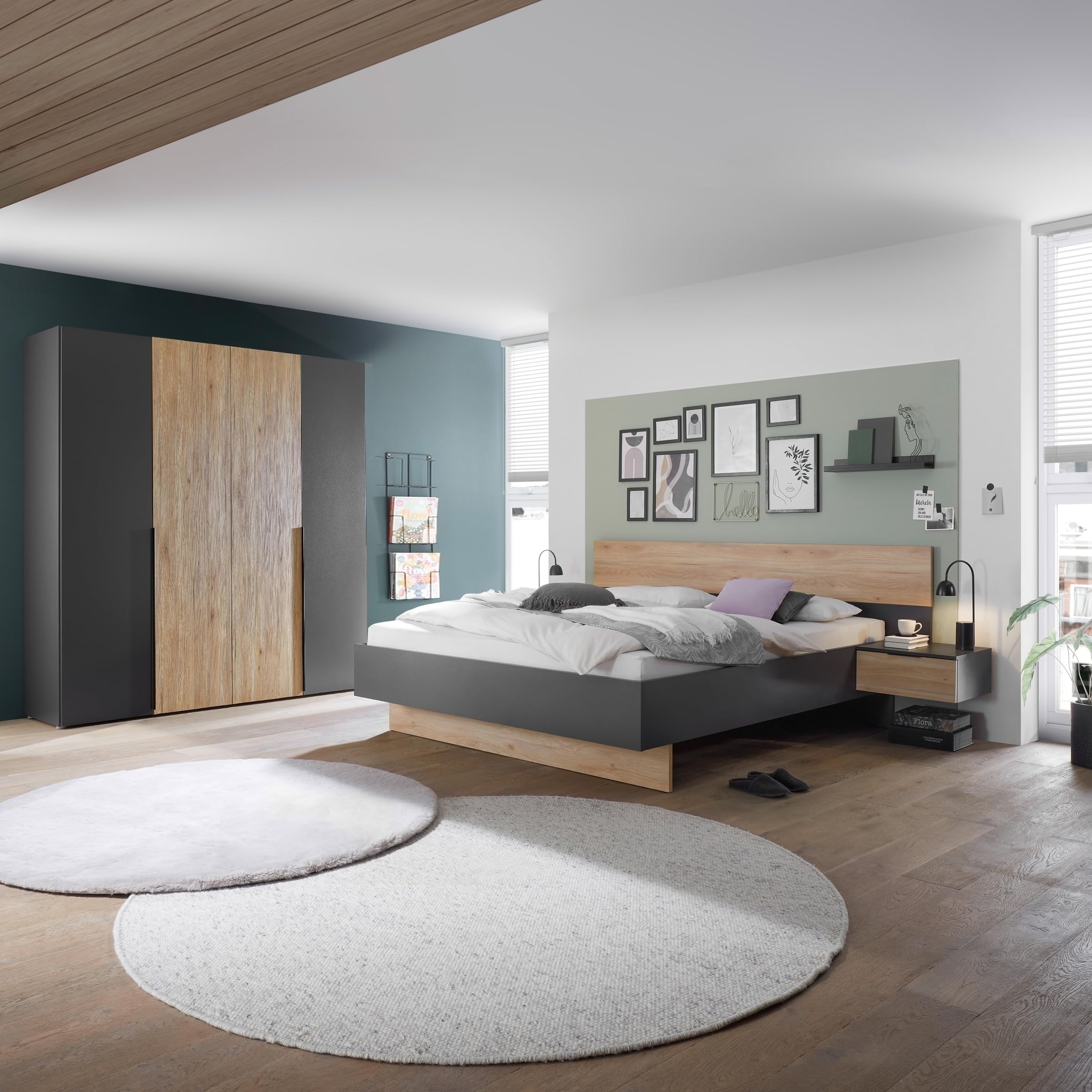 möbelando Bettanlage >Aska< Modernes Bett mit 2 Nachtkommoden, Stauraum, 180x200 cm Liegefläche, Graphit und Mauvella Eiche Dekor, Pflegeleichte Oberfläche, zerlegt geliefert, 285x95x205 (BxHxT)