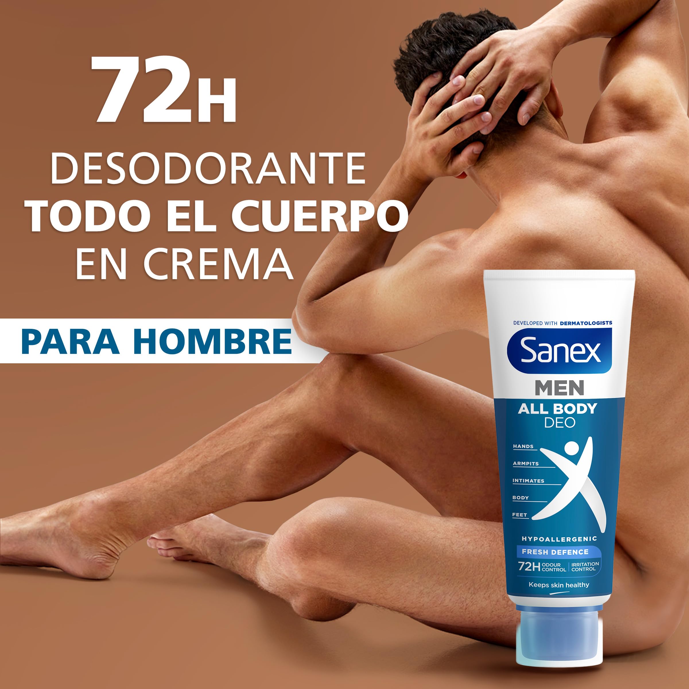 Sanex Men Crema Todo el Cuerpo Deo Frescor Total 75ml, Desodorante 72h Protección Olor Hipoalergénico