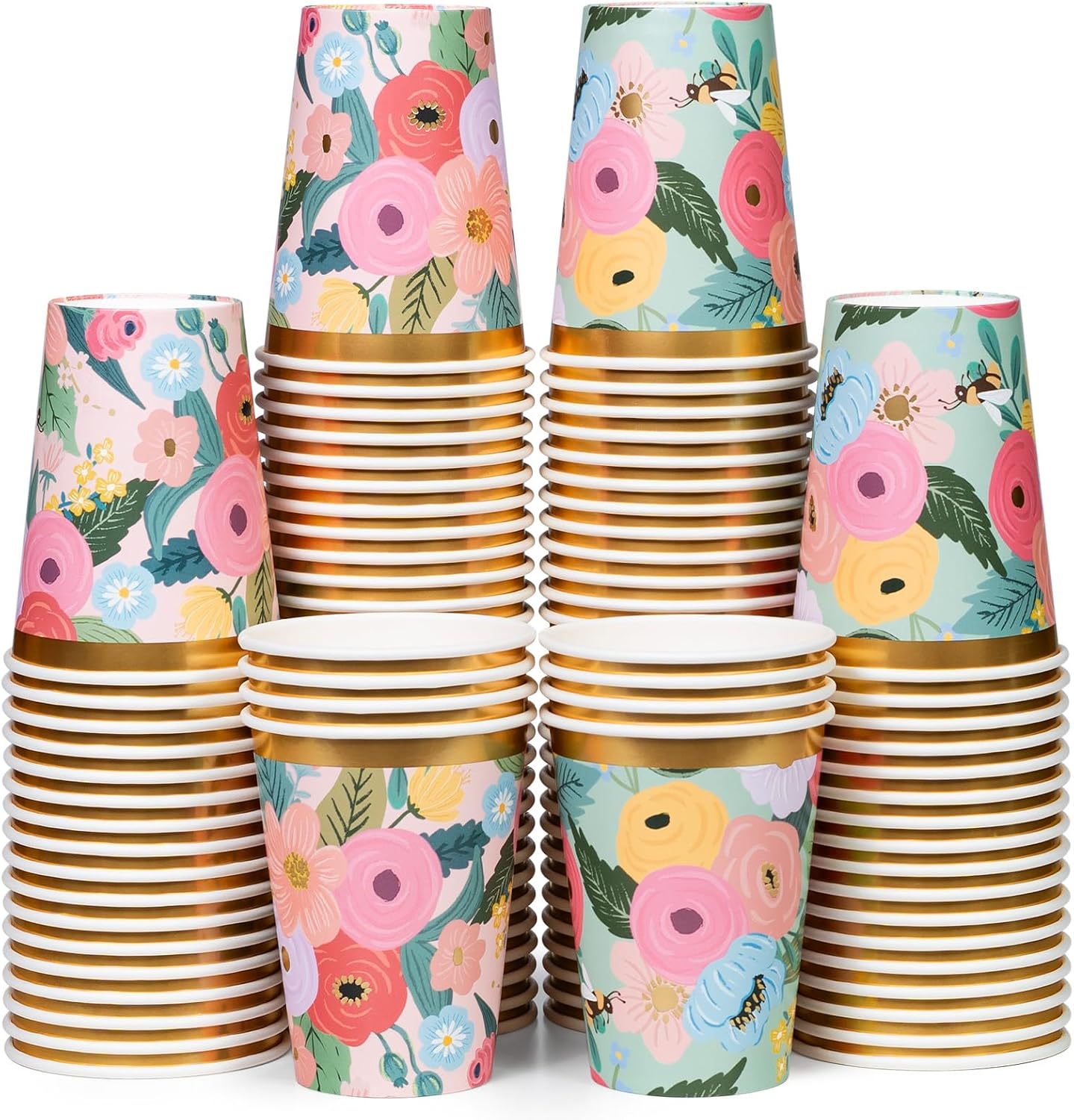 Disposable Coffee Cups, 100-Pack 12-oz Bulk Paper Cups for Hot or Cold Drinks, Powder Pastel & Spring Whimsy Floral Designs with Gold Foil, For Office, Parties, and To-Go Use (No Lids)