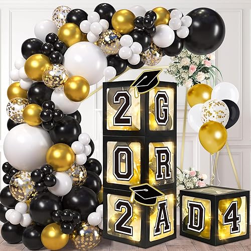 DAZONGE Decoraciones de graduación clase de 2023 negro y dorado, juego de 4 cajas de graduación con 40 globos y 4 cuerdas de luz, decoraciones de