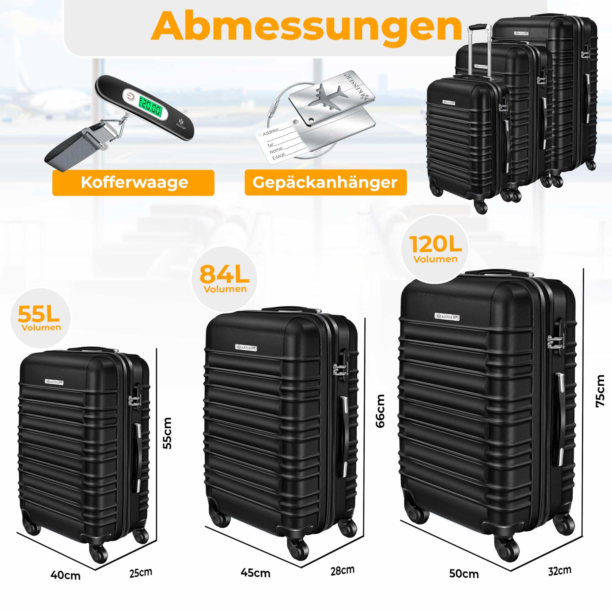 KESSER® Juego de 3 Maletas rígidas, Maleta rígida, Maleta de Viaje, Incl. báscula de Equipaje + Etiqueta de Equipaje, Maleta rodante, Cerradura, 4 Ruedas ABS, Carcasa rígida, asa telescópica M-L-XL