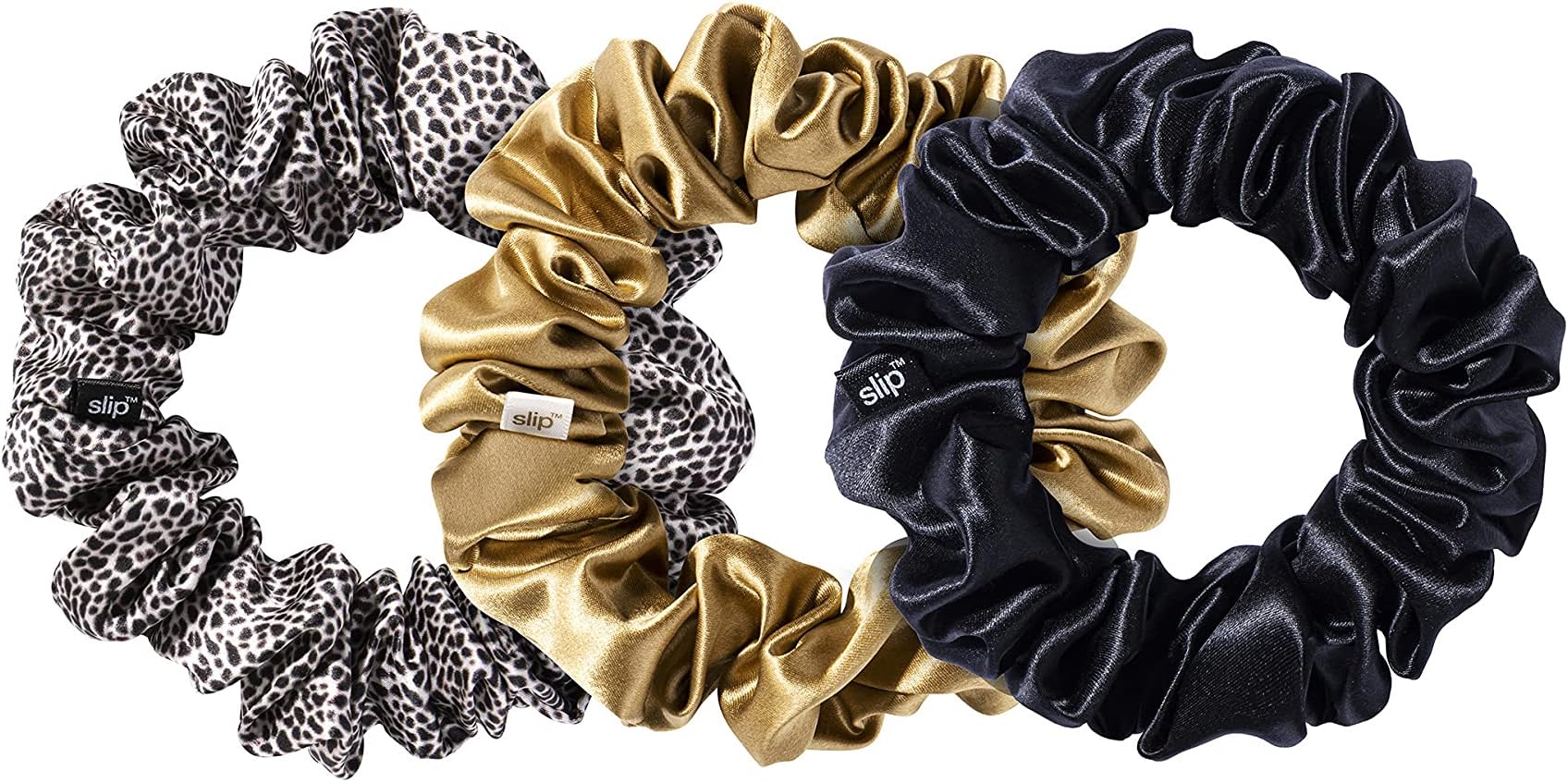 Slip Silk Large Scrunchies in Gold, Black, and Leopard - 100% Pure 22 Momme Mulberry Silk for Women - Hair-Friendly + Luxurious Elastic Set (3 Pieces)