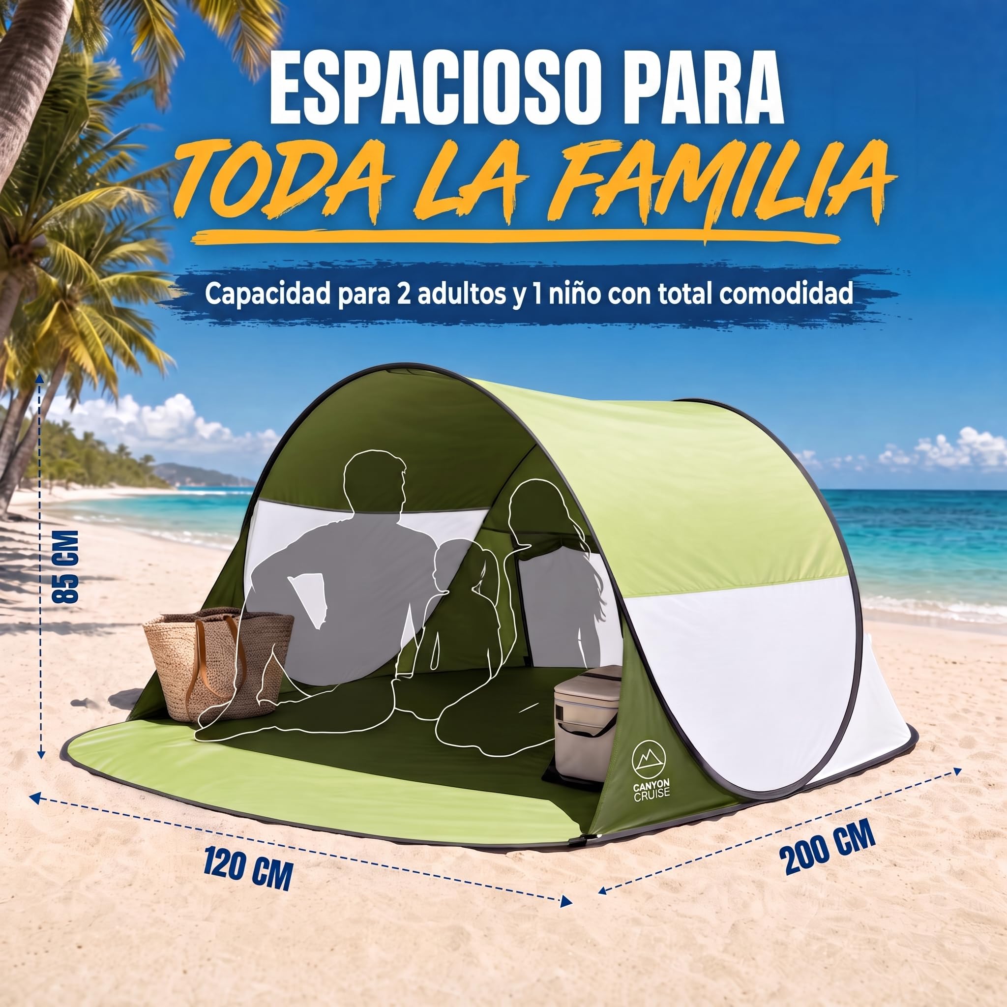 GOODS+GADGETS® Tienda Playa Pop-up 240x140 cm - Carpa de Playa | Montaje automático en segundos - protección solar SPF 30+ - postes de fibra de vidrio - solo 1,9 kg