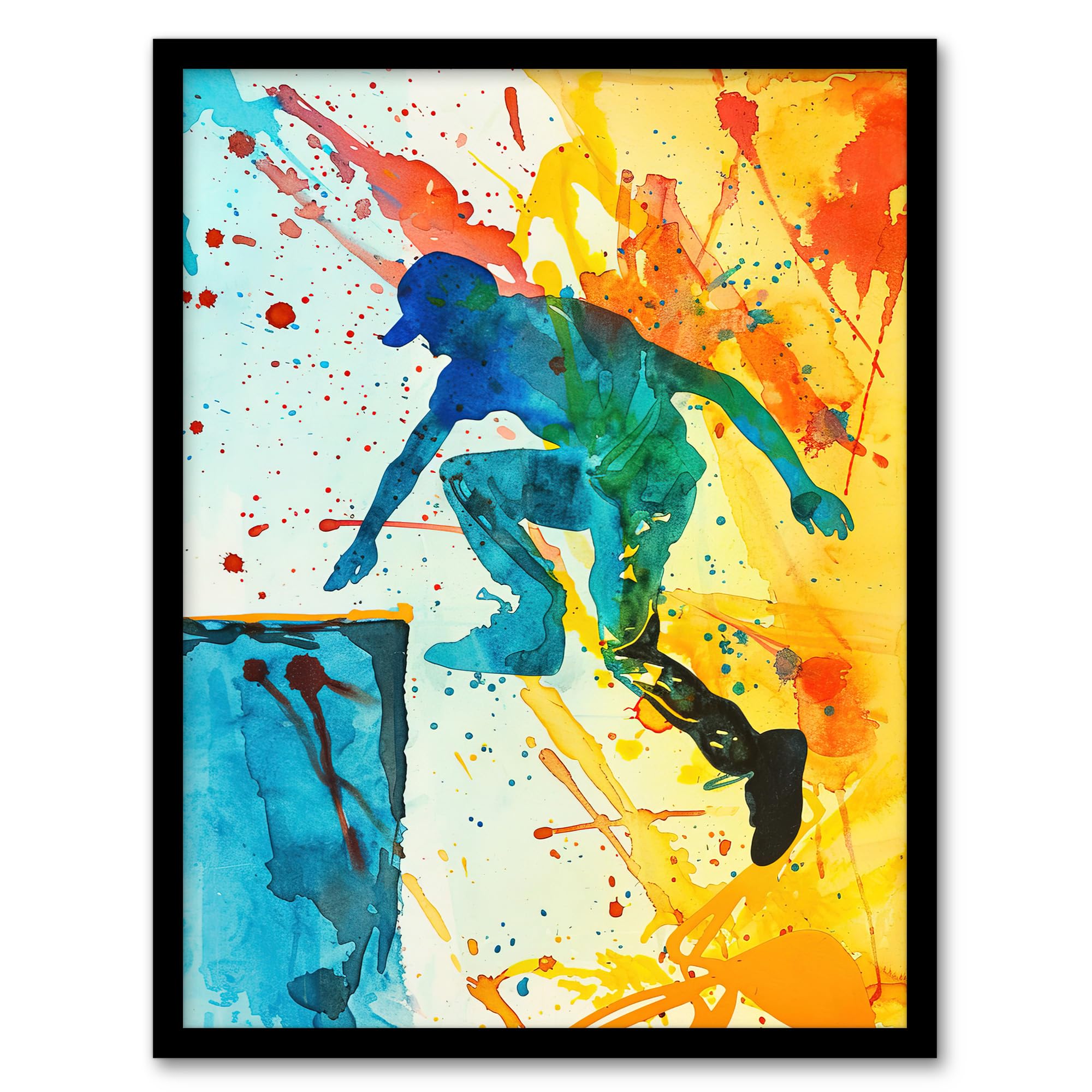 Artery8 Parkour Jump Urban Sport Colourful Paint Splat Living Room Artwork Framed Wall Art Print 18X24 Inch