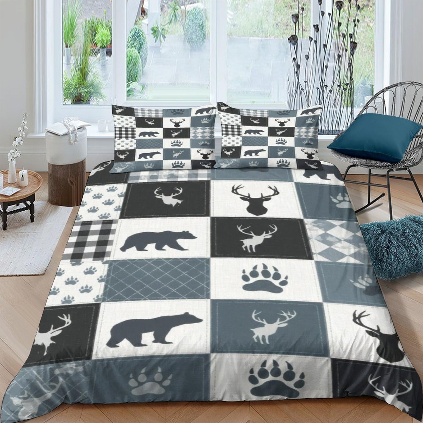 Ctjqhvkz Style-1 3D Printed Checkered Bear Fitted Sheet Microfiber Soft Stag Patchwork Mattress Cover Bedroom Dorm Protector Decor Single（135X200cm）