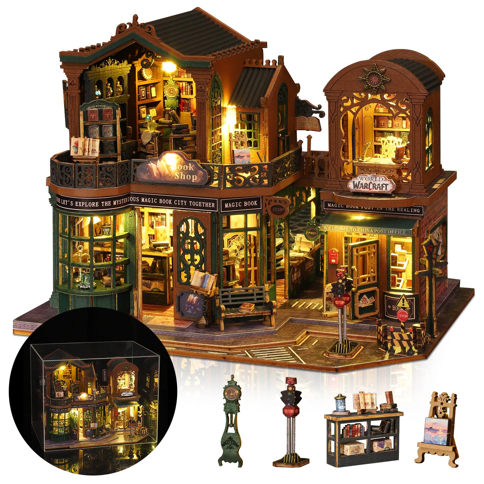 DIY Miniatur Haus, Mini 3D Holzpuzzle Puppenhaus Modell Set mit LED Spieluhr, Twilight Book City Tiny Haus Bücherregal Deko Bastelset, Geburtstag Geschenk für Erwachsene Frauen Männer