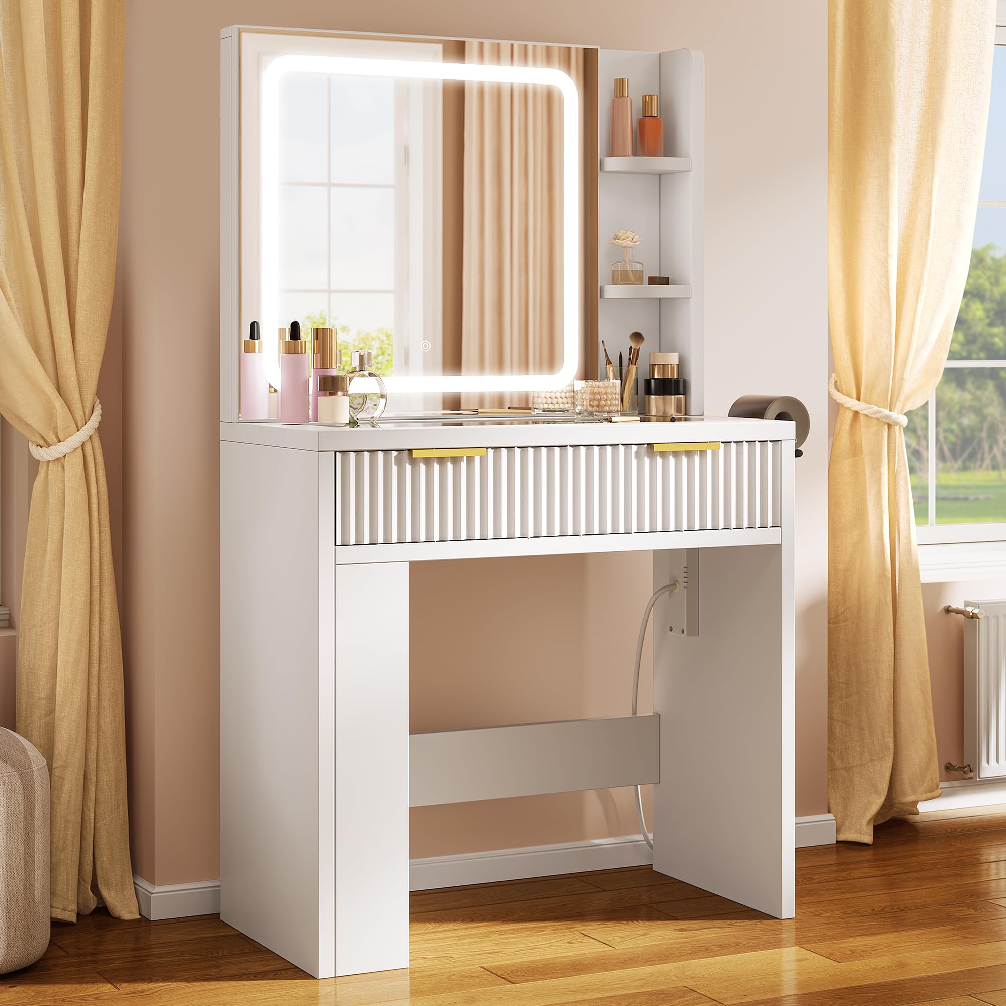YITAHOME Schminktisch mit Verstellbarer LED-Beleuchtung und Steckdosen, Make-up-Tisch mit transparenter Glasplatte, Frisiertisch für das Schlafzimmer, 1 Schublade und 4 Fächer, weiß