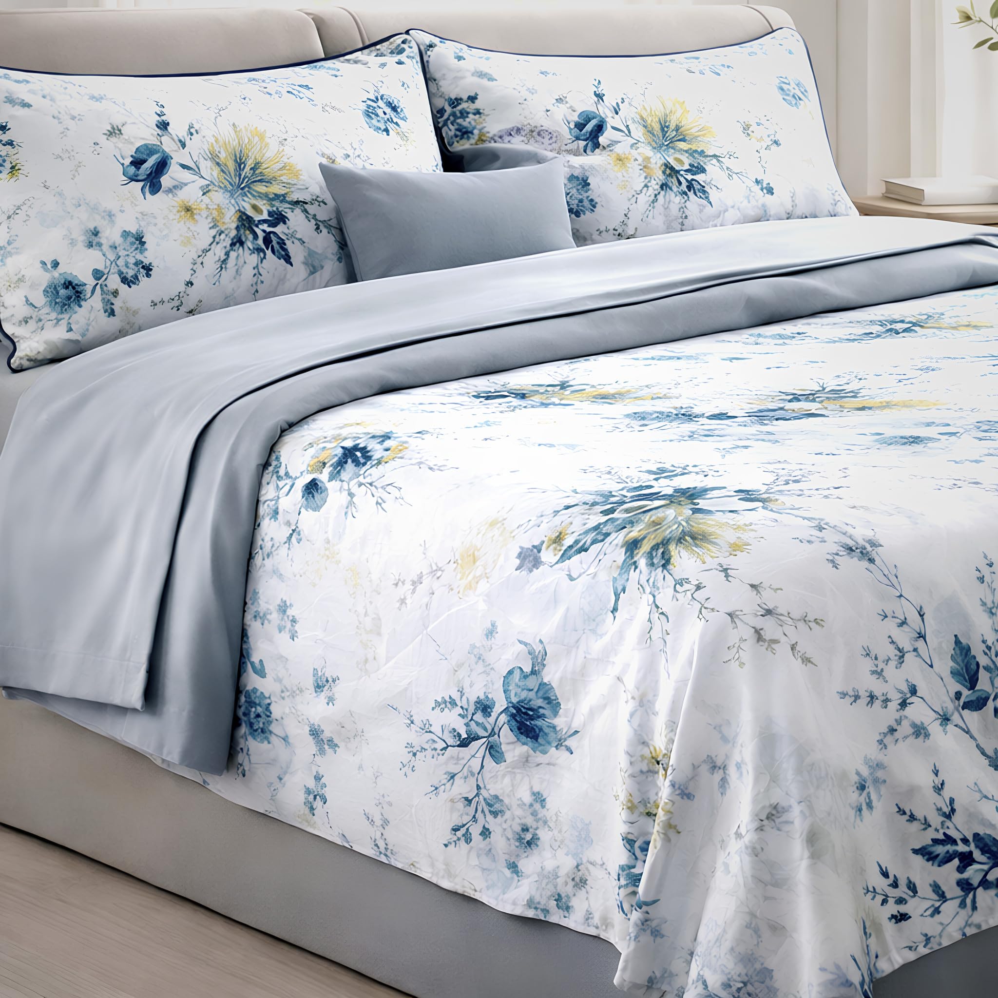 Completo Lenzuola Matrimoniale in Raso di Cotone 300 Fili Galizzi Carrie – Set Letto 250x295 cm con Angoli 180x200 h30 + 2 Federe con Piping – Floreali Made in Italy (Pietra)