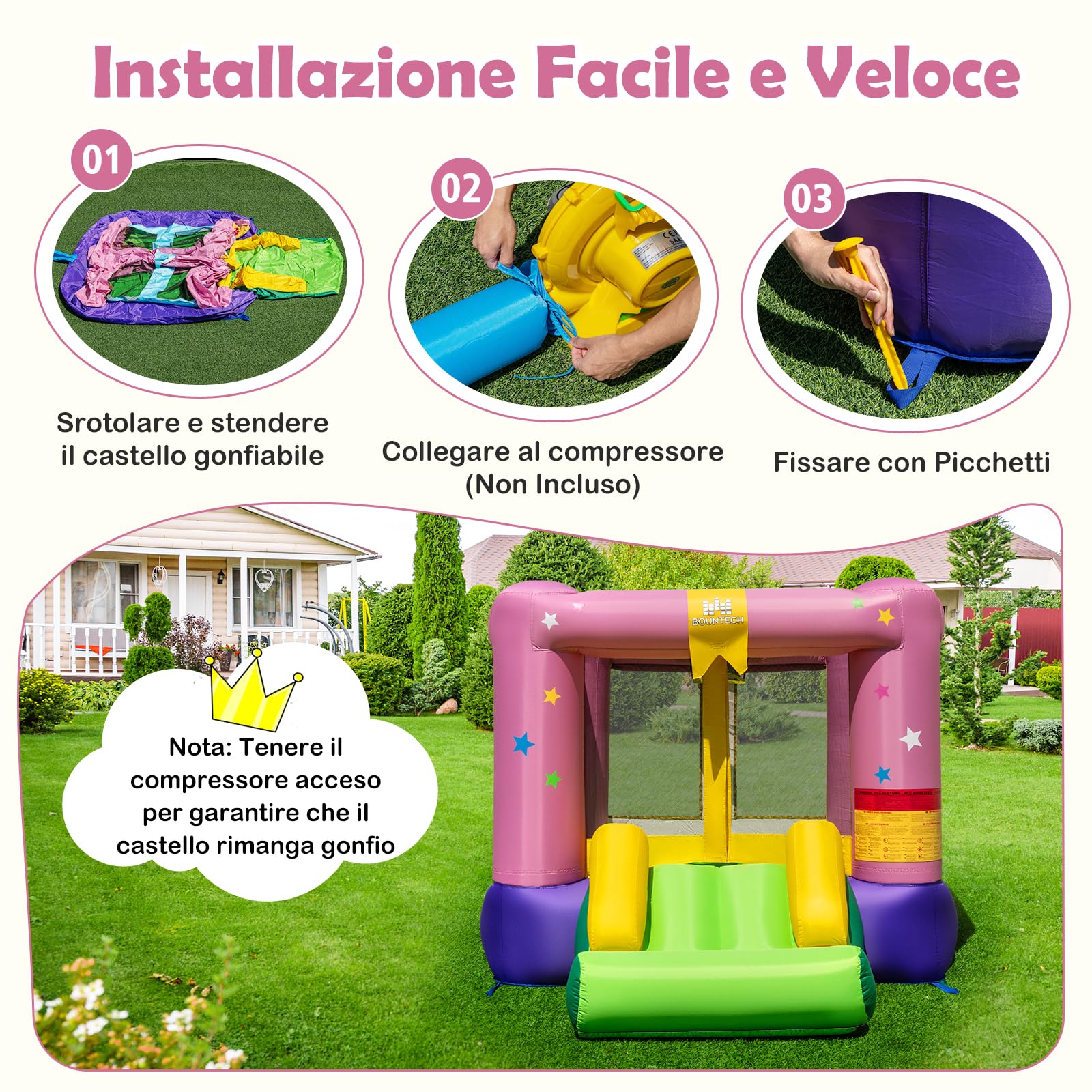 GYMAX Castello Gonfiabile con Area Salto, Scivolo, Gioco di Pallacanestro, Mini Rimbalzante per Bambini con Borsa da Trasporto, Mini Trampolino Gonfiabile per Feste Interno e Esterno