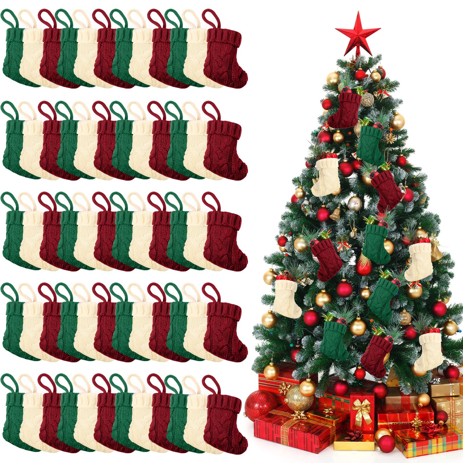 Lot de 60 mini chaussettes de Noël en tricot rustiques à suspendre pour fête, vacances, décoration d'intérieur, 10 cm, 3 couleurs