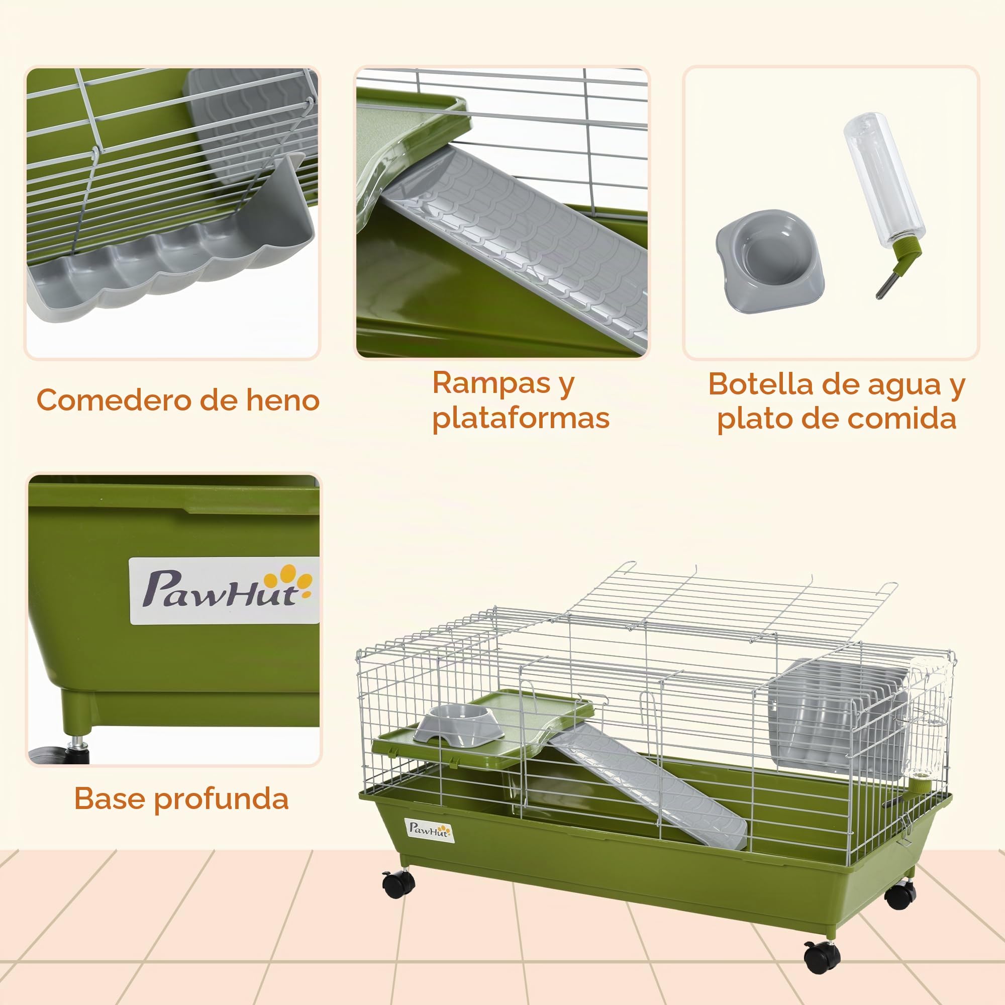 PawHut Jaula Pequeños Conejo Cobaya con Ruedas 89x44x43cm Verde | Jaula para chinchilla, botella de agua, plato, plataforma, rampa