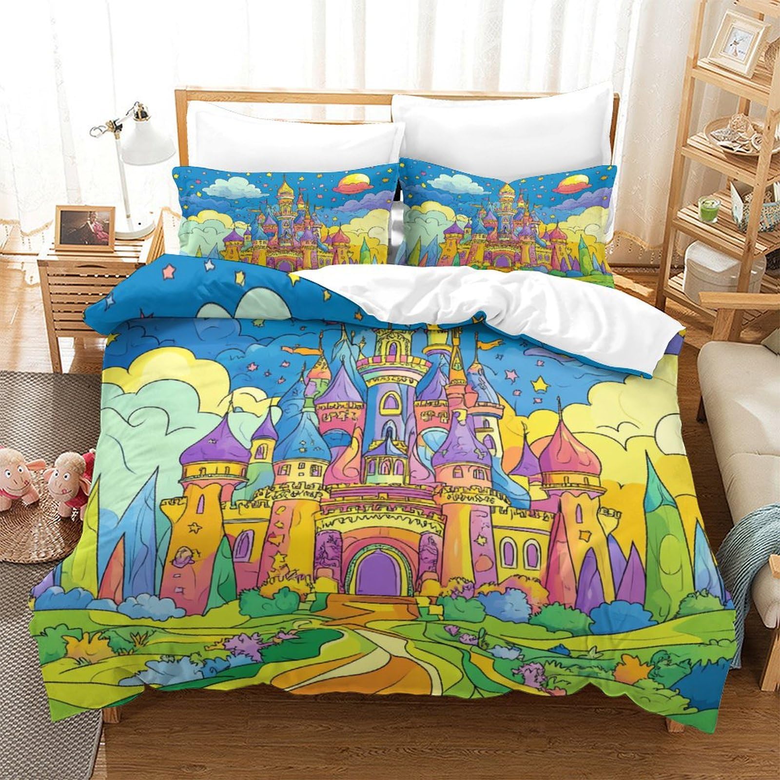 P1s9u7w5y Castle-1 Fantasy Castle 3D Printed Duvet Cover Set 3Pcs Microfiber Dream Castle Bedding Set King（220X240cm）