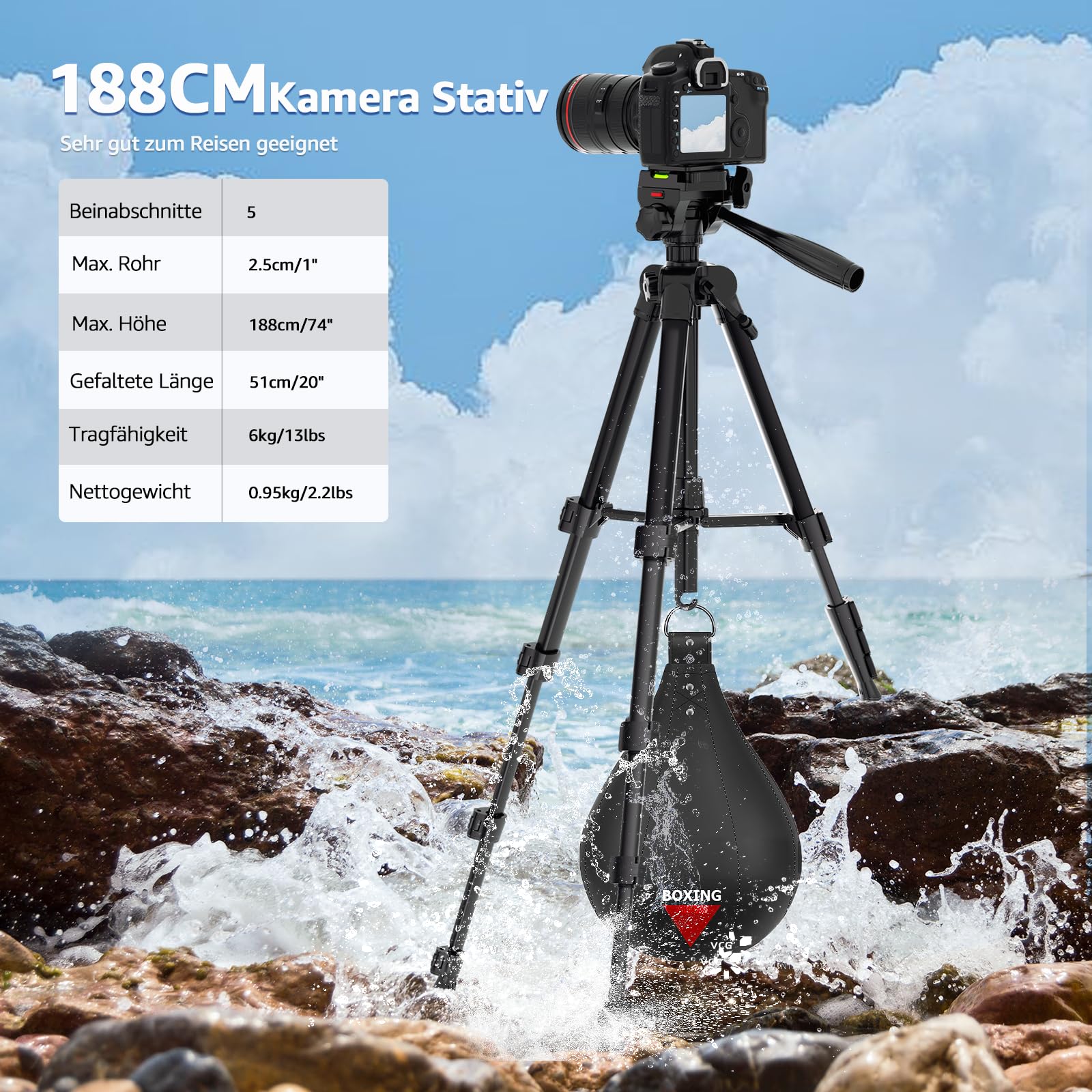 Lusweimi 187cm Kamera Stativ, Aluminium Reisestativ mit 360° Panorama Fluidkopf&2 QR-Platten für Sony/Nikon/Canon, Telefonstativ mit Handyhalter/Fernbedienung für Tiktok/YouTube/Vlog/Video (555+)