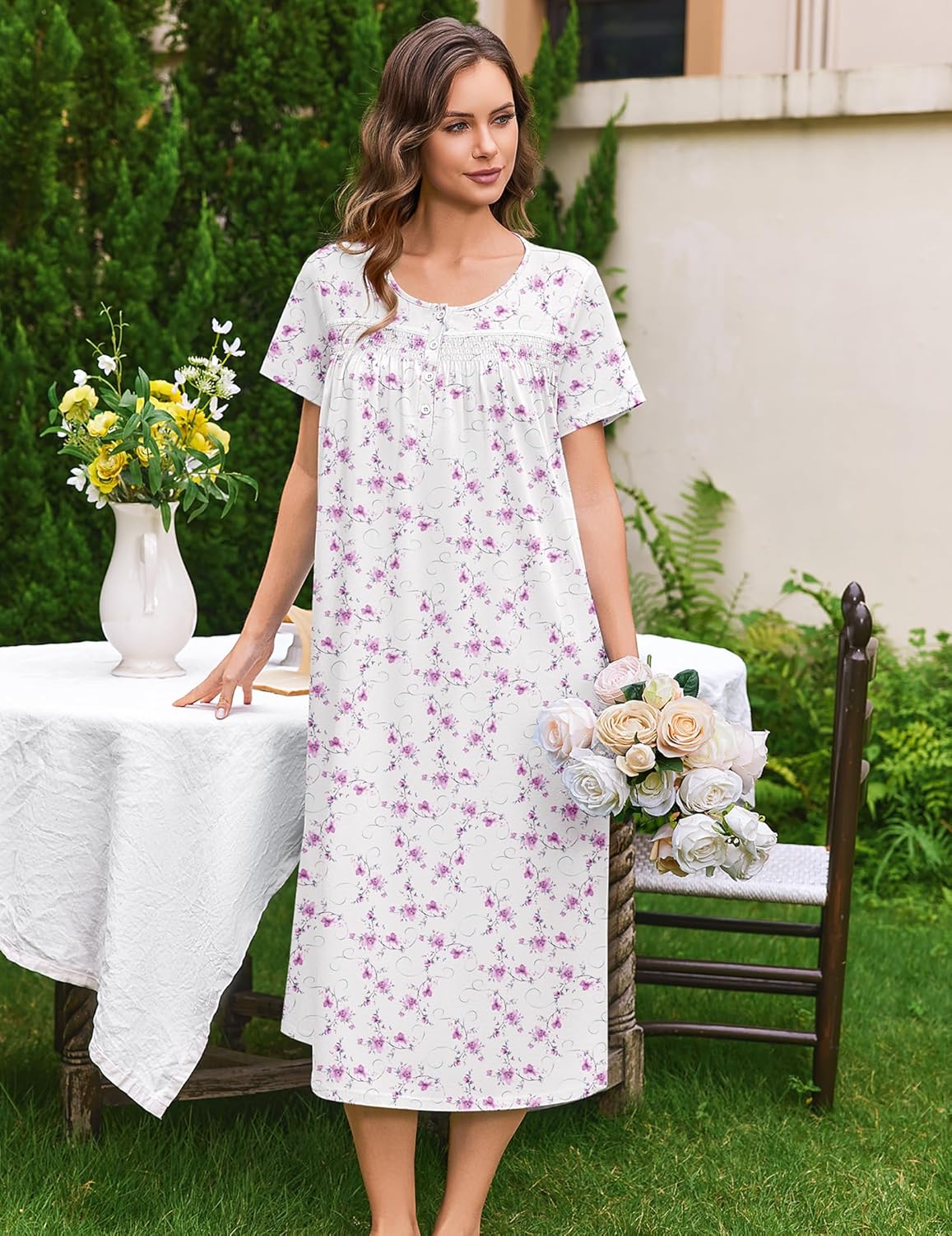 Ekouaer Cotton Nightgowns for Women Long Night Gown Short Sleeve Sleepdress Victorian Sleepwear Nightdress with Pockets - Image 5