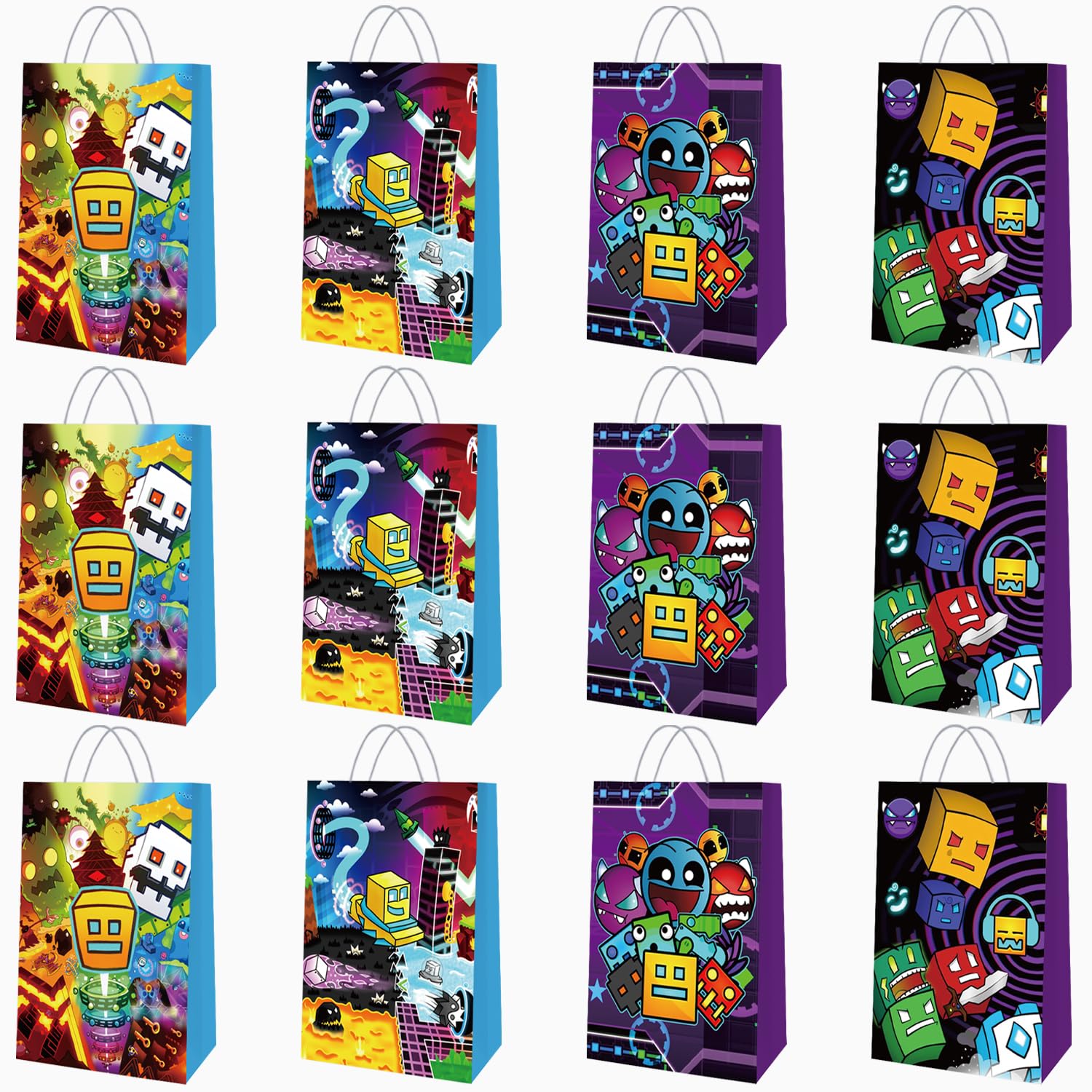 Generic 12 Pcs Geometry Dash Party Paper Gift Bags, 4 Styles Party Favor Bags with Handles for Geometry Dash Party Decorations,Bags for Boys Girls Kids Geometry Dash Birthday Party Supplies Favors.