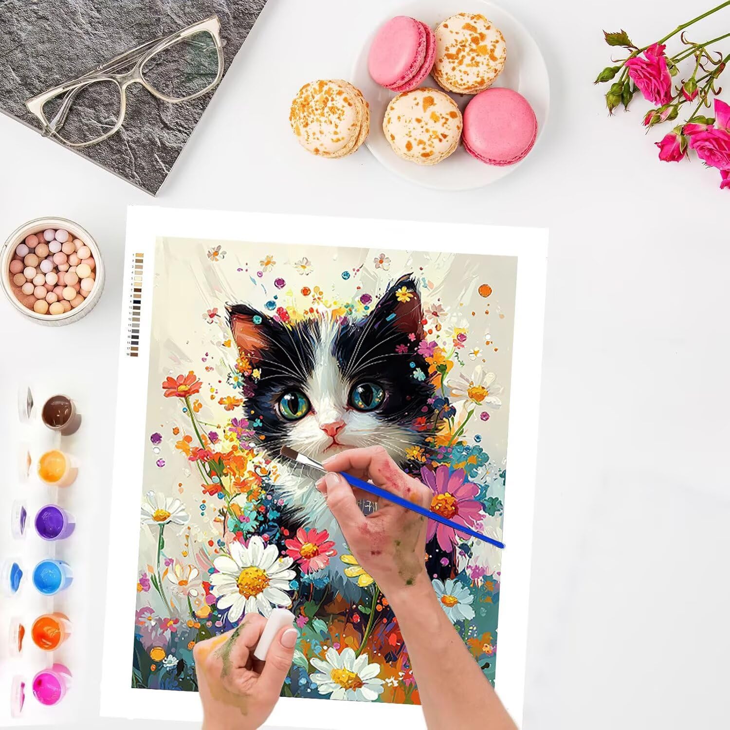 WEISHIWE Malen nach Zahlen Erwachsene Blumen mit Katze, 70x90cm x-417 | Handgemalt Ölgemälde Kit für Mädchen Jungen ab 7 8 9 Jahre, Rahmenlos, für die Wanddekoration zu Hause, DIY Acrylmalerei