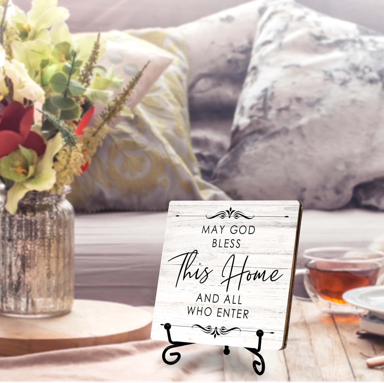 May God Bless This Home And All Who Enter’ 5.1x5.1 Wooden Plaque with Stand, Christian Home Décor, Gifts for Housewarming, Thanksgiving, Christmas, Christian Decorations.(067) - Image 4