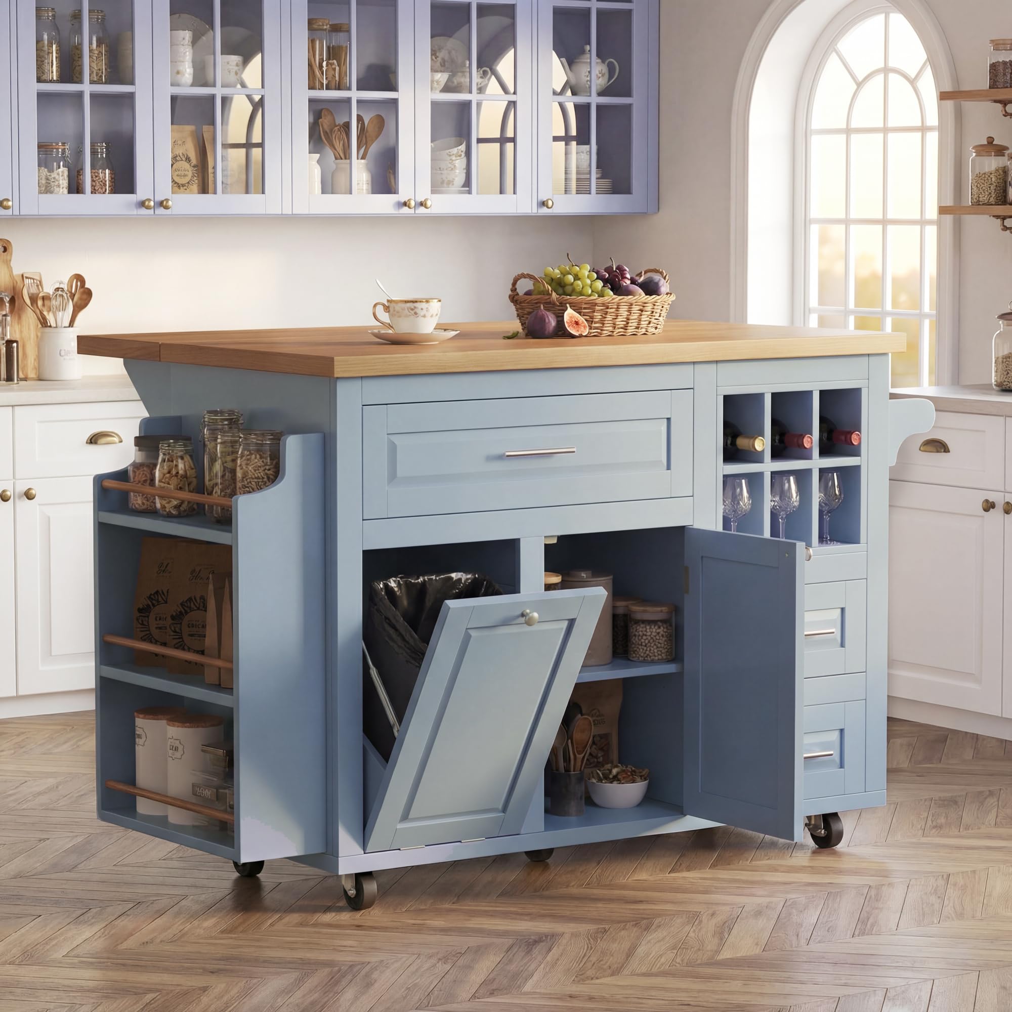 Isola da cucina mobile, carrello da cucina, tavolo da pranzo estensibile, armadietto da cucina con cassetti, cestino per vino rimovibile, scaffale laterale per snack, pattumiera, 143 x 75