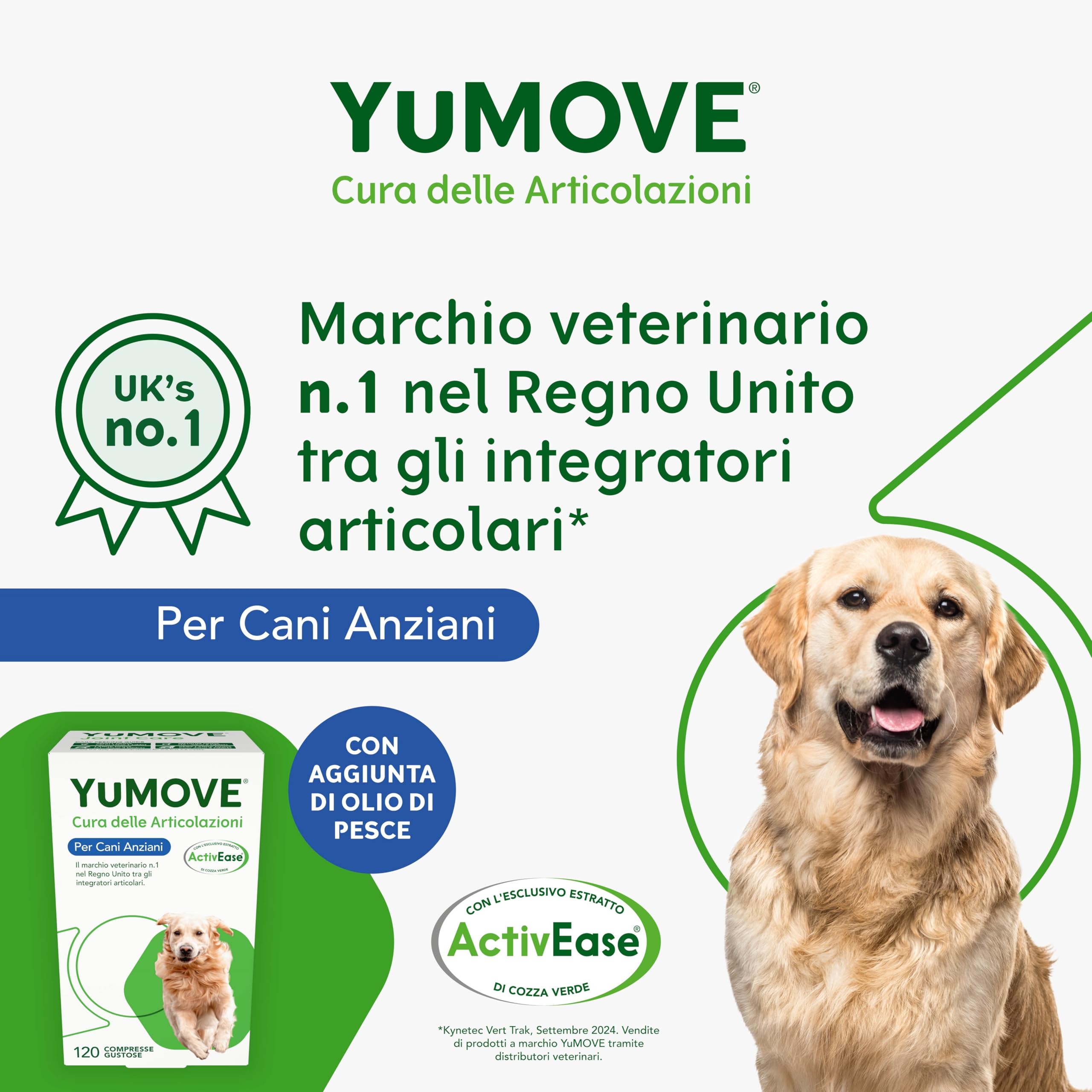 YuMOVE Integratore Articolazioni Cane 8+ Anni - 120 Compresse - In Attesa di Brevetto 170mg di Cozza Verde ActivEase per Compressa - Joint Care Cani Articolazioni & Condroprotettori Cane, Glucosamina