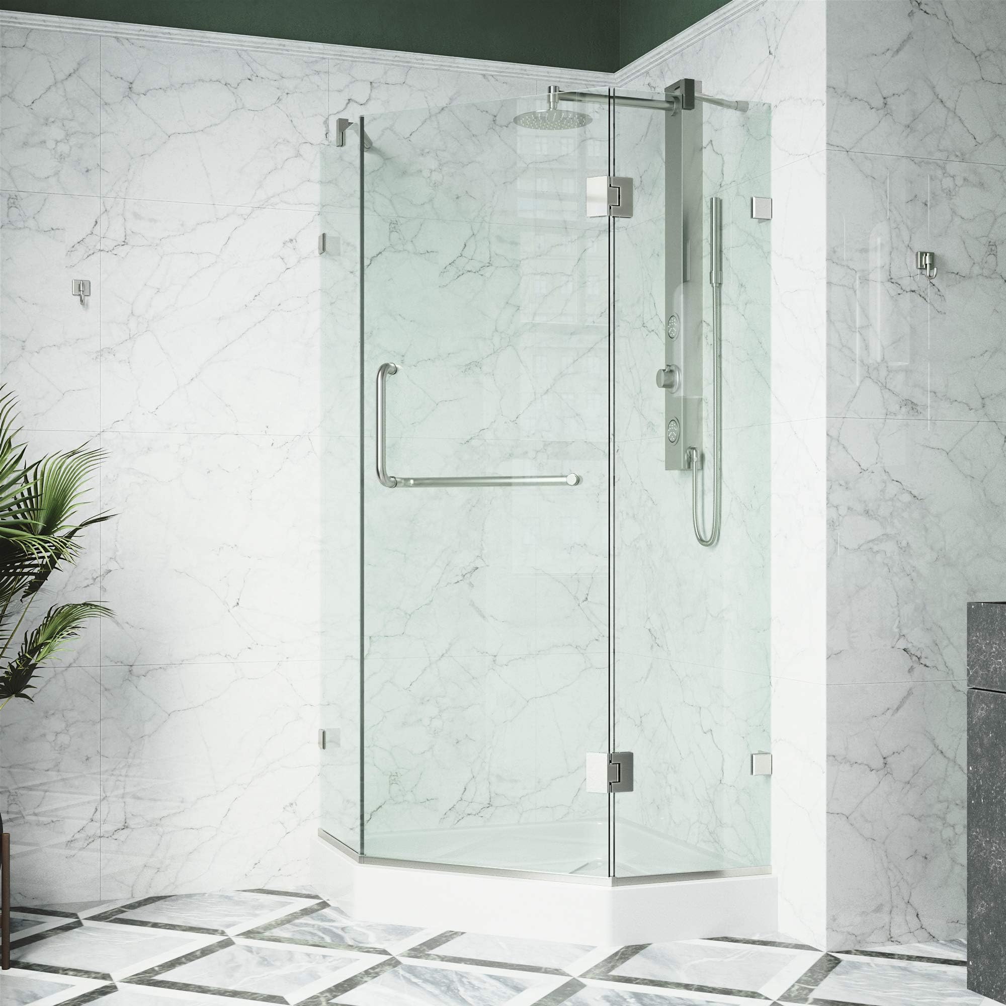VIGO Piedmont 38 in. L x 38 in. W x 79 in. H Frameless Hinged Neo-angle Shower Enclosure in Brushed Nickel with Clear Glass-VG6062BNCL38W
