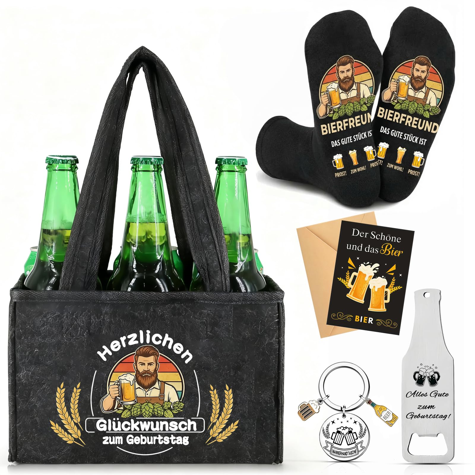 Wryzorix Männerhandtasche Bier Geschenkset,Geburtstagsgeschenk Mann,Geburtstagsgeschenk für Männer,Bier Handtasche,Socken,Flaschenöffner,Schlüsselanhänger & Karte,Biergeschenke Männer