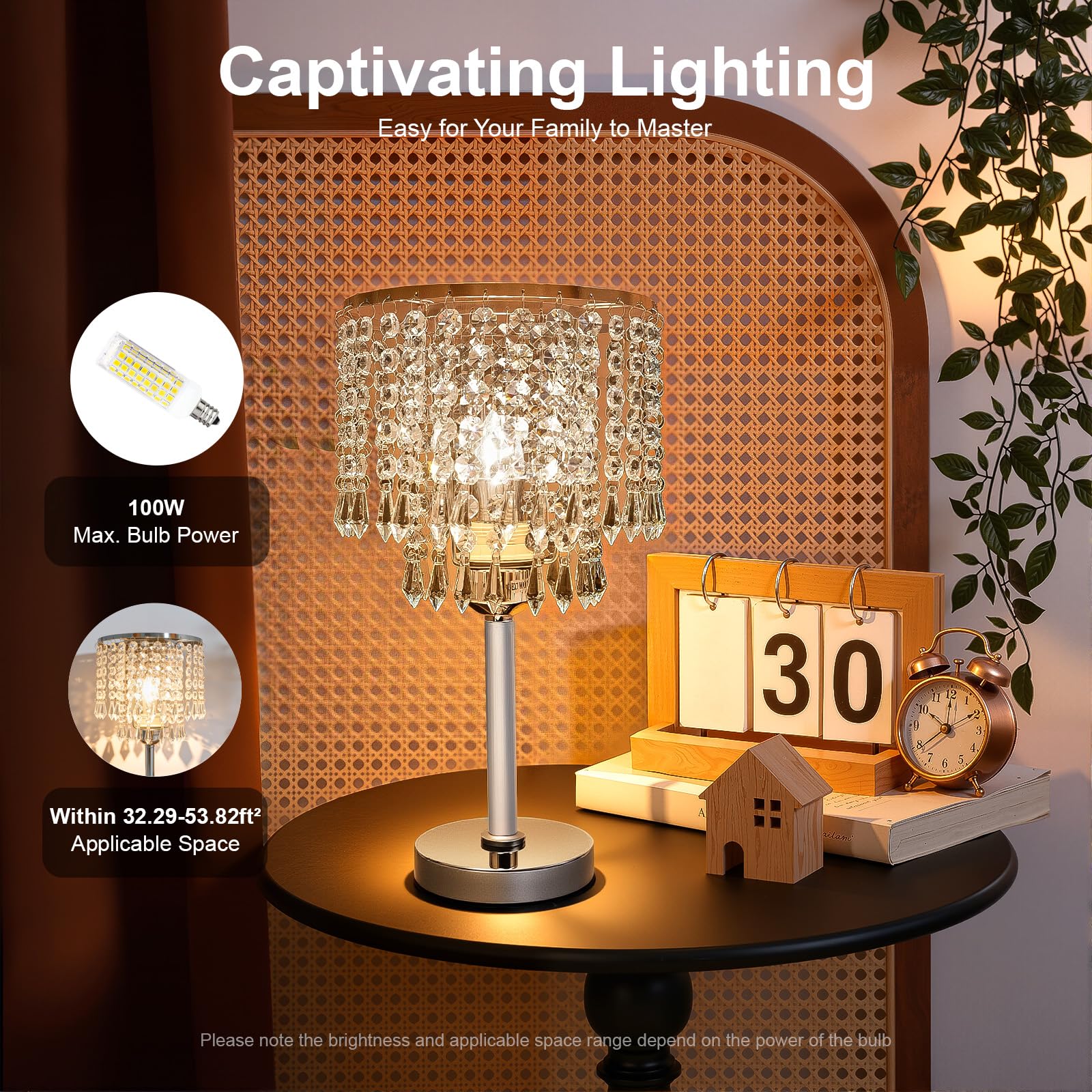Lámpara de mesa de noche de cristal, 20 x 20 x 38 cm, 100 W, cómoda de usar, lámpara de mesa de cristal con interruptor de botón, chasis estable, lámpara de mesa para el hogar para estudios, salón