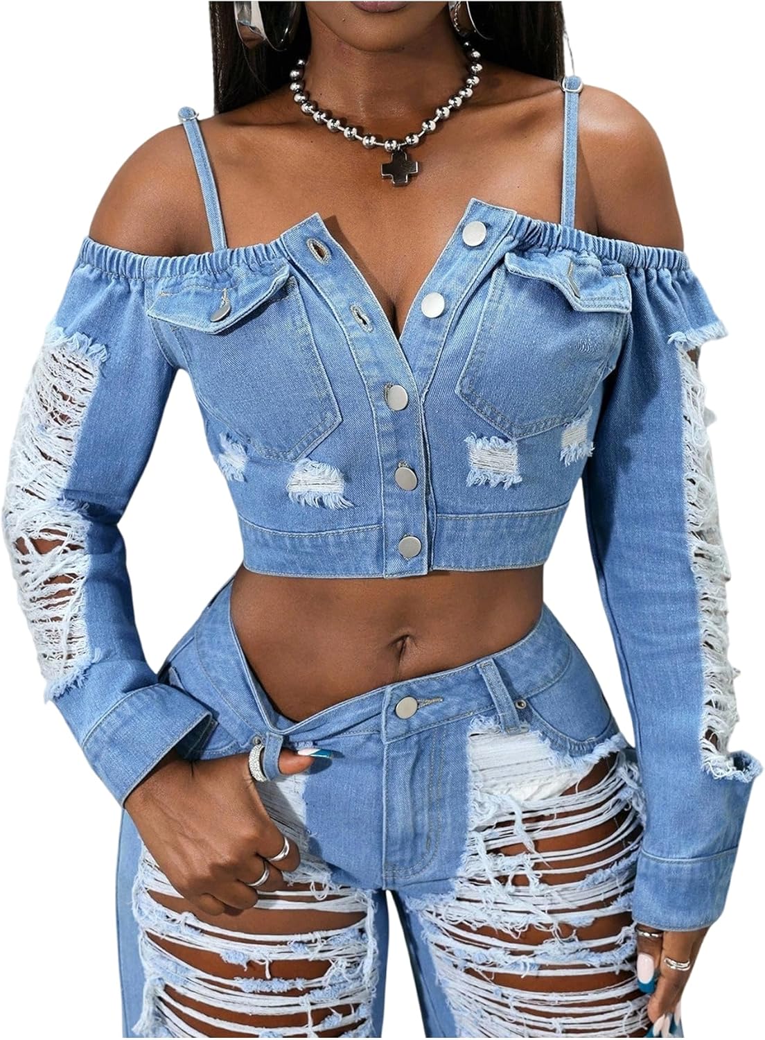 SweatyRocks Women's Cropped Denim Jackets Cold Shoulder Button Down Ripped Crop Jean Jackets