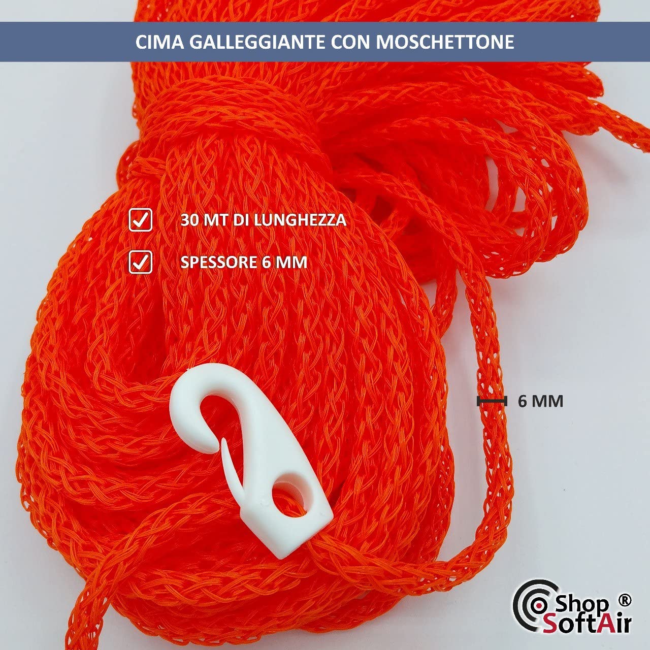 Cima Treccia Galleggiante 6mm da 30 Metri con Moschettone Arancione per Salvagente Anulare Omologata